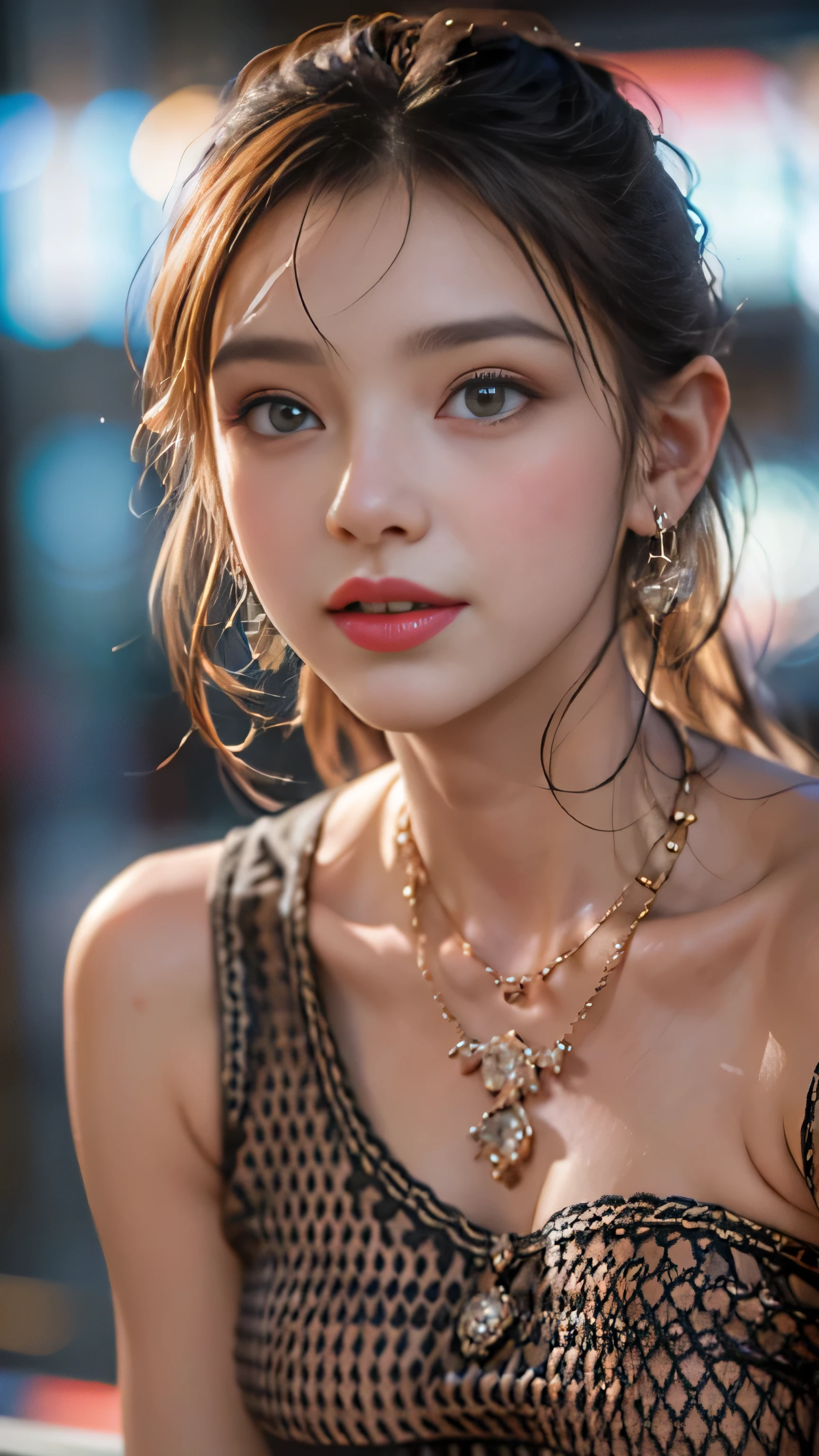 realistic, High resolution, soft light,1 female, alone, hip up, (detailed face), jewelry, streetwear, beauty model, Eyes that invite the viewer, Spouse&#39;perspective, attractive appearance, sexy smile, perfect style, perfect balance, fine skin, naughty look, I can see your breasts