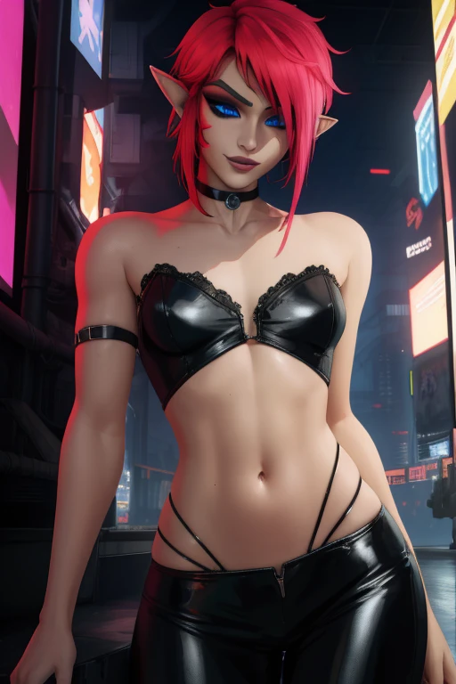 Link, boy, red hair,pointy ears,blue eyes, standing, smiling,  black eyeliner, lip gloss,  ahegao, solo, Femboy, male,   cowboy shot,  
LGear, tube top, midriff,  toned,  choker,  
cyberpunk tavern, cyberpunk, 
(insanely detailed, beautiful detailed face, masterpiece, best quality)    