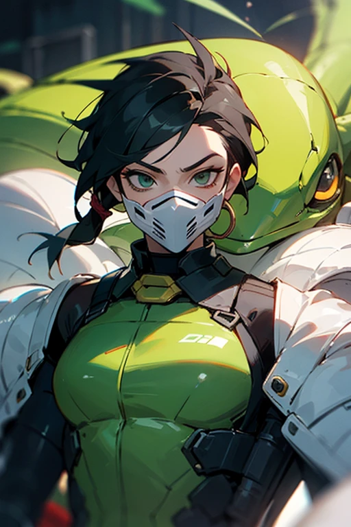 Viper but make it green with black hair and a mask and a little gas