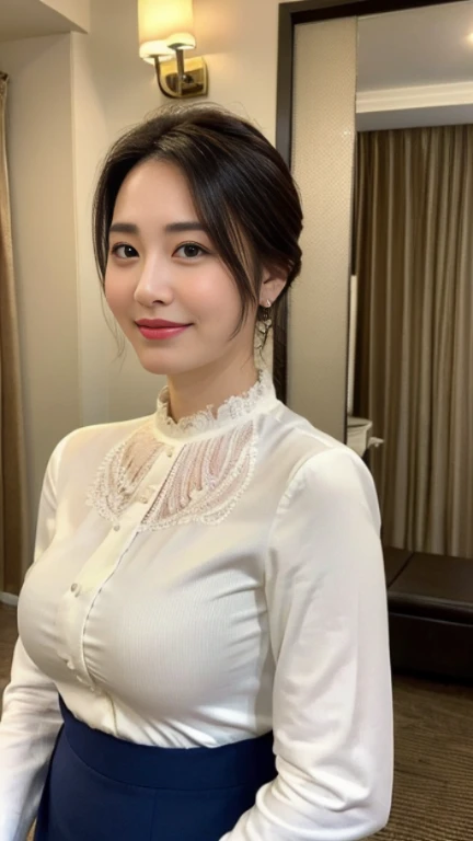 最high quality, 8K, lively, sharp focus, high quality, High resolution, middle-aged women, mature woman, 49 years old, (Full body Esbian), (Detailed face wearing high heels, highly detailed eyes, thick lips, plump body shape、plump face、((big breasts 1.6))、((On a white blouse))、navy blue tight skirt、Love hotel room、random hairstyle、gentle smile、