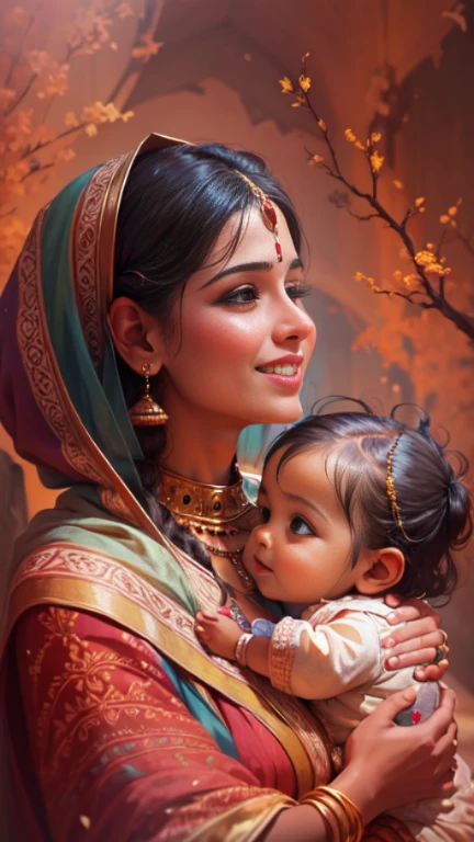 arafed woman holding a baby in her arms and smiling, indian art, mother, beautiful art, maternal photography 4 k, painting of beautiful, very beautiful photo, beautiful depiction, beautiful artwork, very beautiful woman, very beautiful portrait, very beautiful, gorgeous woman, beautiful portrait, very very beautiful woman, very extremely beautiful, by Saurabh Jethani, beautiful women