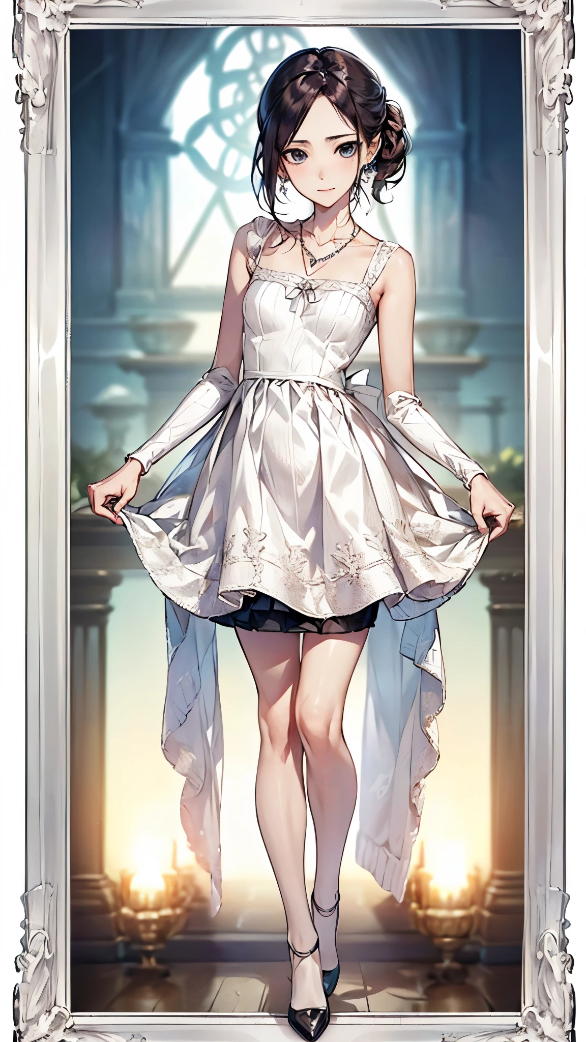 ((Biologically correct number of limbs))、(( Full body photo including face))、4K、((standing position))、masterpiece、((focus on the face))、((Symmetrical facial features))、Eyes with detailed description、Beautiful woman、outstanding style、beautiful clavicle、beautiful legs、beautiful hands、slender body、(small ass、thin thighs）、(stockings、high heels）、Detailed depiction of faces、small earrings、necklace、(knit dress、skirt)、close up of face、tie、Clear skies、(((white frame photo)))、Hide your face with a fan、