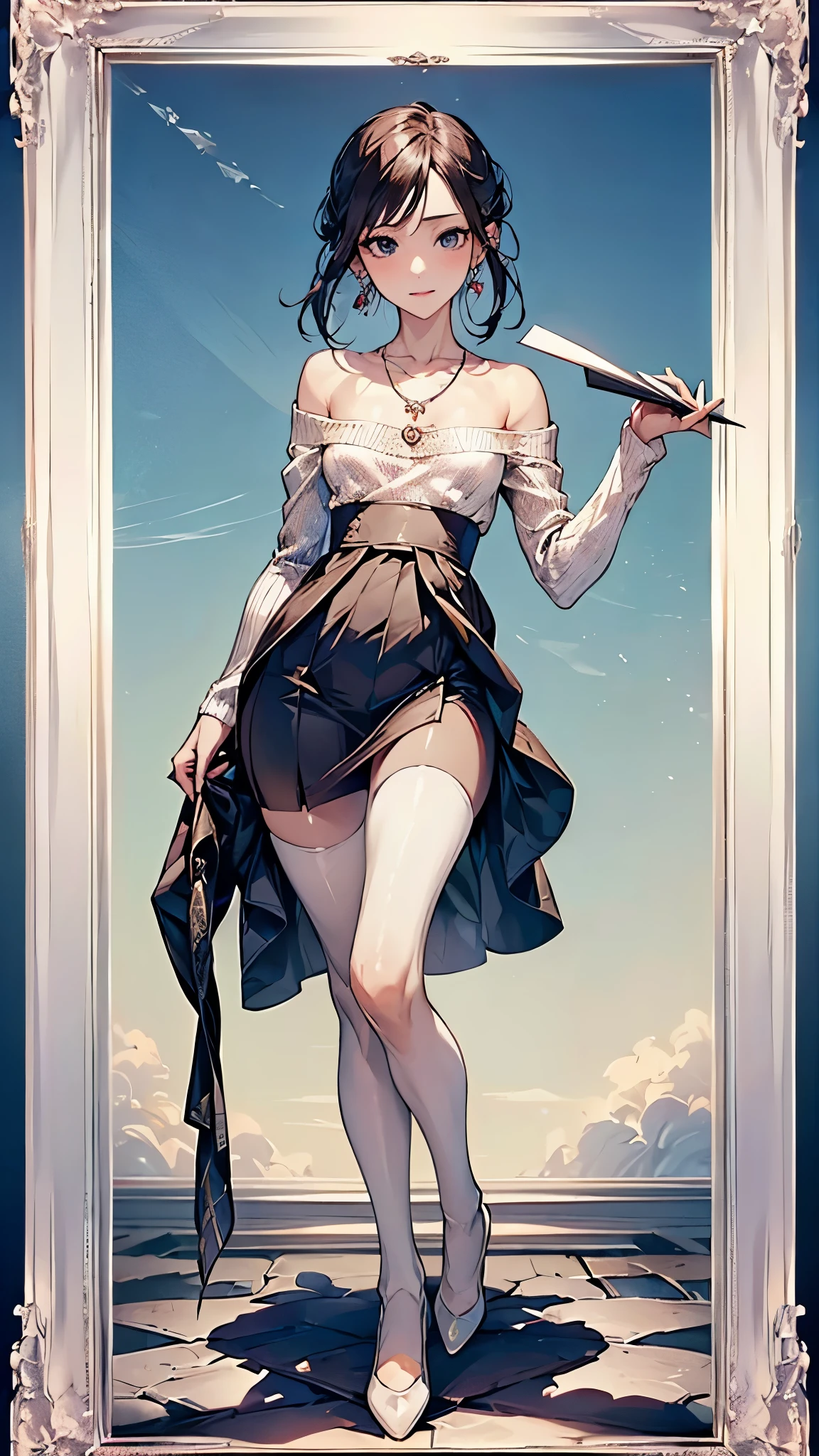 ((Biologically correct number of limbs))、(( Full body photo including face))、4K、((standing position))、masterpiece、((focus on the face))、((Symmetrical facial features))、Eyes with detailed description、Beautiful woman、outstanding style、beautiful clavicle、beautiful legs、beautiful hands、slender body、(small ass、thin thighs)、(stockings、high heels)、Detailed depiction of faces、small earrings、necklace、(knit dress、skirt)、close up of face、tie、Clear skies、(((white frame photo)))、Hide your face with a fan、
