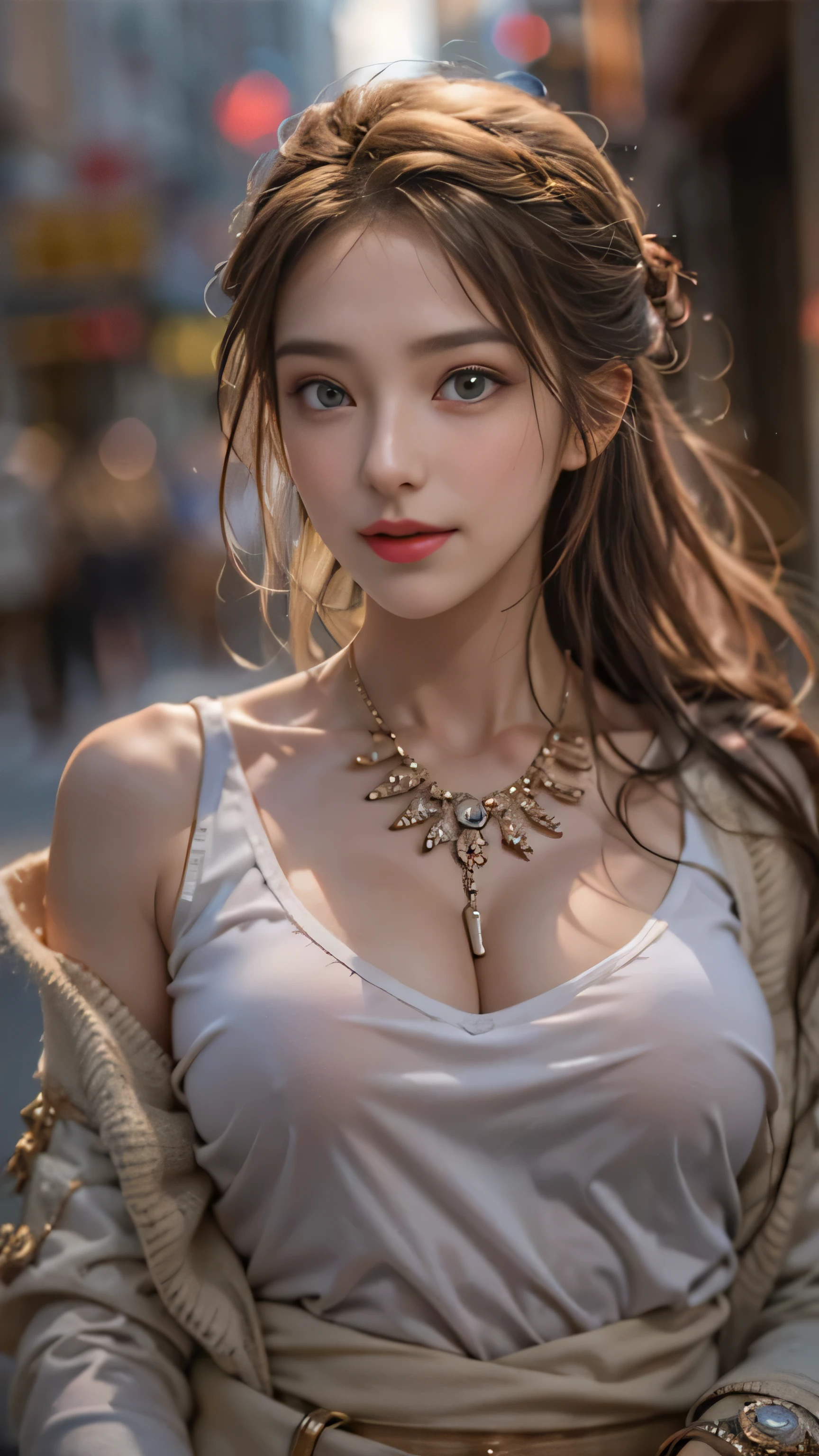 realistic, High resolution, soft light,1 female, alone, hip up, (detailed face), jewelry, streetwear, beauty model, Eyes that invite the viewer, Spouse&#39;perspective, attractive appearance, sexy smile, perfect style, perfect balance, fine skin, naughty look, I can see your breasts