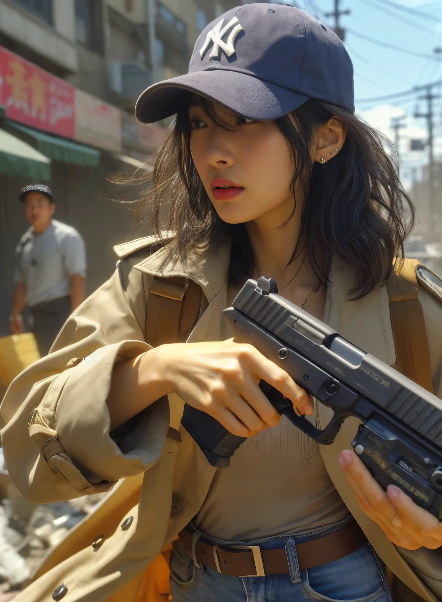 "(best quality,8K,realistic photo,realistic skin texture),beautiful Japanese woman living in America,holding a Remington V3 Tac-13,dirty beige trench coat,Yankees navy baseball cap,dirty high-cut Nike sneakers,debris-strewn town,sunny day,detailed face with expressive eyes,cool action pose,stylish composition"