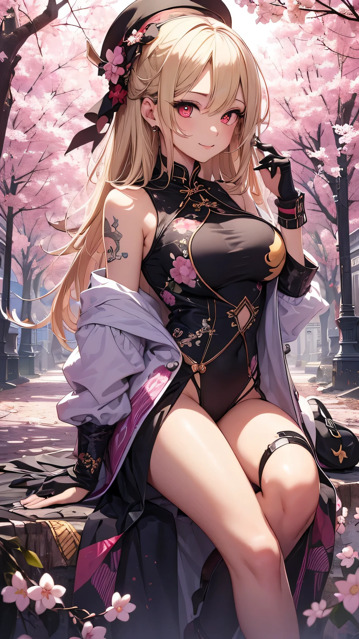 最high quality、best image quality、masterpiece、girl((18-year-old、 By becoming、vest bust、medium bust,wide open breast tea、red glowing eyes, blonde、messy hair、long hair、thin,highest valley、Show the whole body、black cheongsam、open chest、black wristband、red high heels、sexy、smile、Leaning forward)),high quality、beautiful art、background((cyber world、cherry blossoms))、Flight、debris flies、Depth of written boundary、movie、visual art、perfect art、8K,genuine、