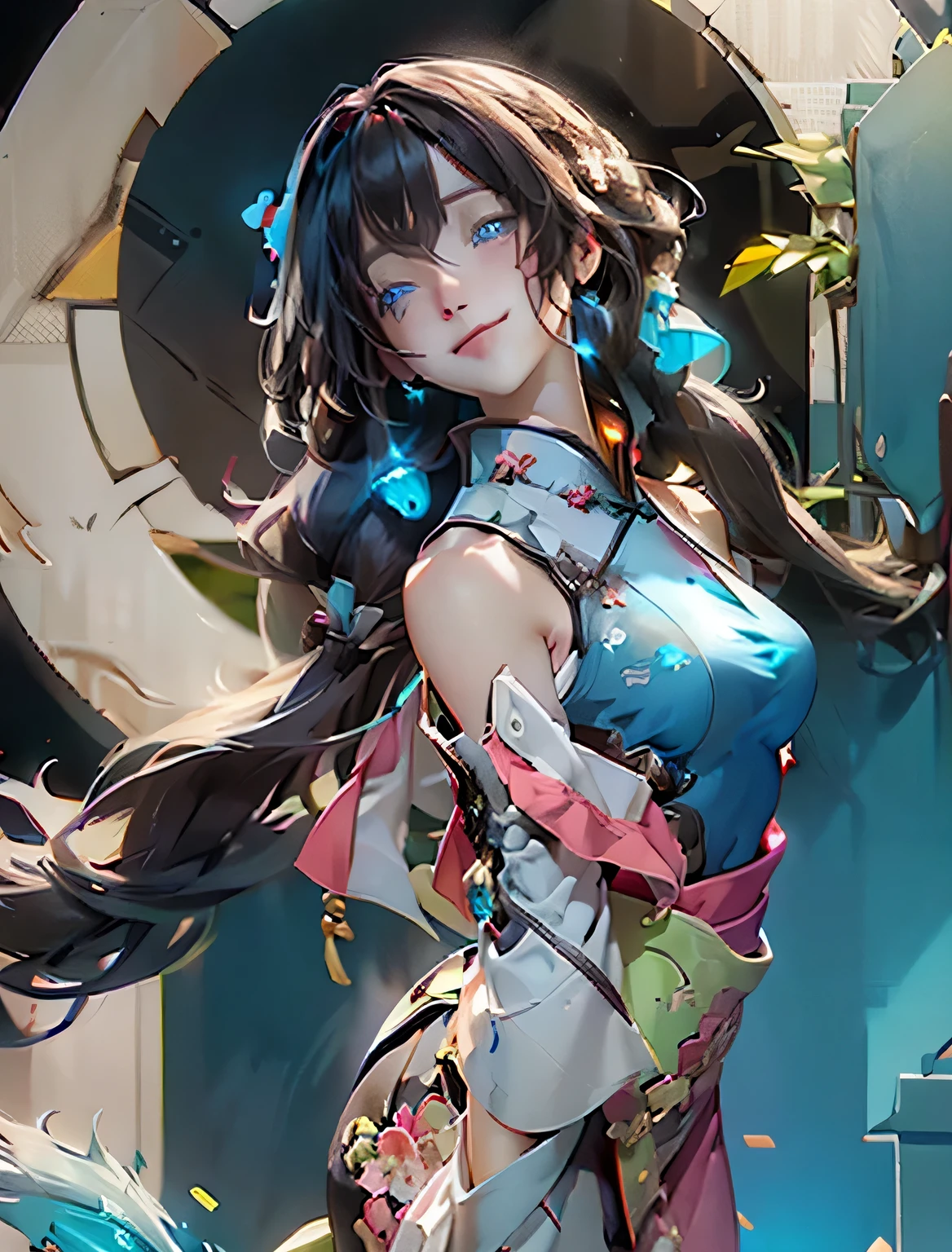 (masterpiece), (best quality), (ultra detailed),(illustration), (1girl), ((small breast:1.5)),(Wearing a Unique Aodai ), Fashion model, looking at viewer, (interview), (simple background),beautiful detailed eyes, delicate beautiful face,(high saturation),(colorful splashes),colorful bubble,(shining), focus on face, (( Jet hair)), bangs ,(( shoulder lenght hairs:1.5 )).Girl, anime waifu,((small breast:1.5)), highlydetailed, reflections transparent iridescent colors, long transparent iridescent RGB hair, artby Serafleur from artstation, thick acrylic,illustration on pixiv, waist up portrait, gorgeoussacred girl, best quality, ultra detailed,sad,clever,beautiful face , beautiful lighton black background, Character stvle renderedby Octane,cute emotion, cute smile, ((Delft Blue Eyes)),big pupils,((Egyptian Blue unique Aodai with Ultra Violei mofits pattern))