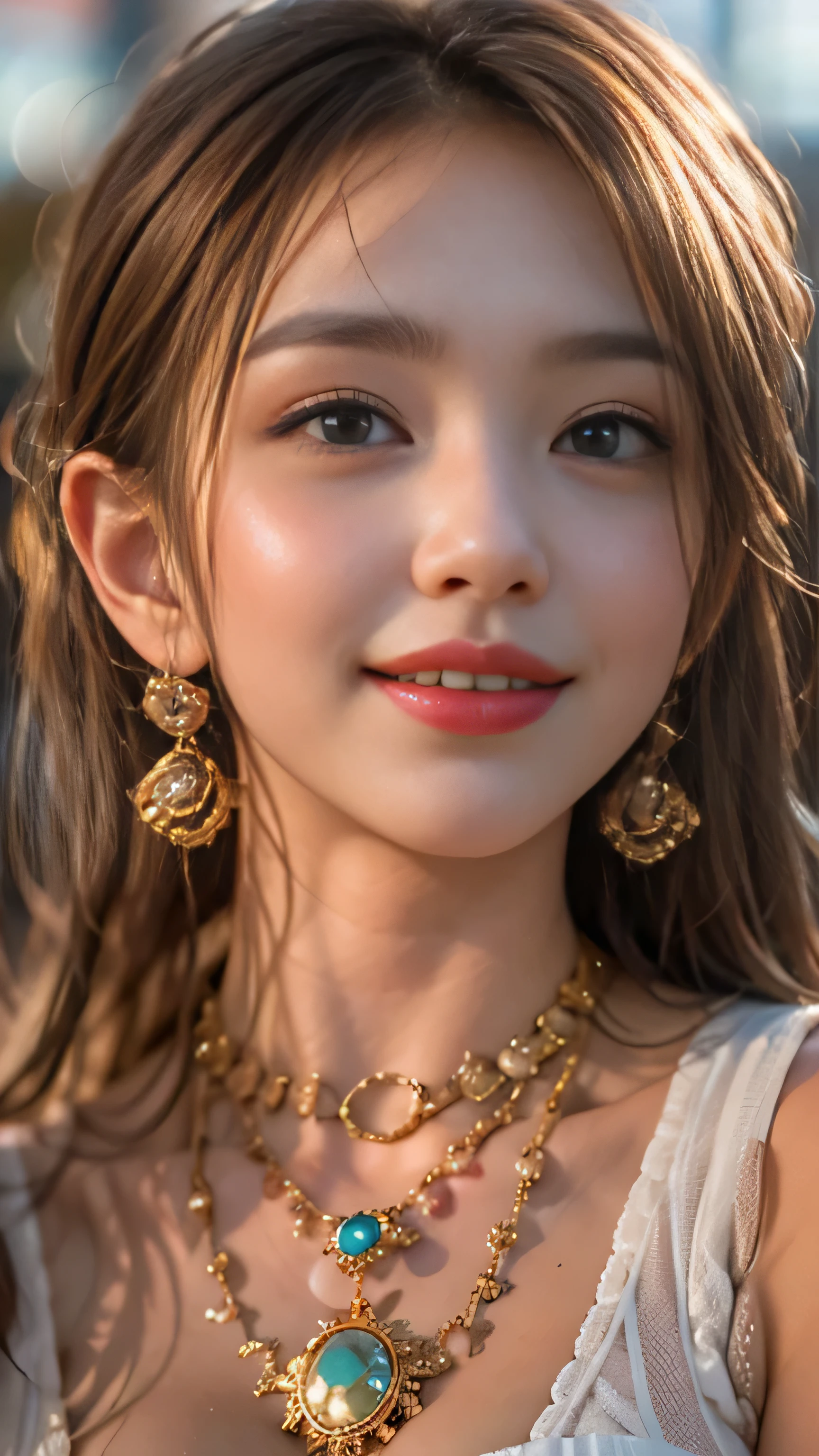 realistic, High resolution, soft light,1 female, alone, hip up, (detailed face), jewelry, streetwear, beauty model, Eyes that invite the viewer, Spouse&#39;perspective, attractive appearance, sexy smile, perfect style, perfect balance, fine skin, naughty look, I can see your breasts