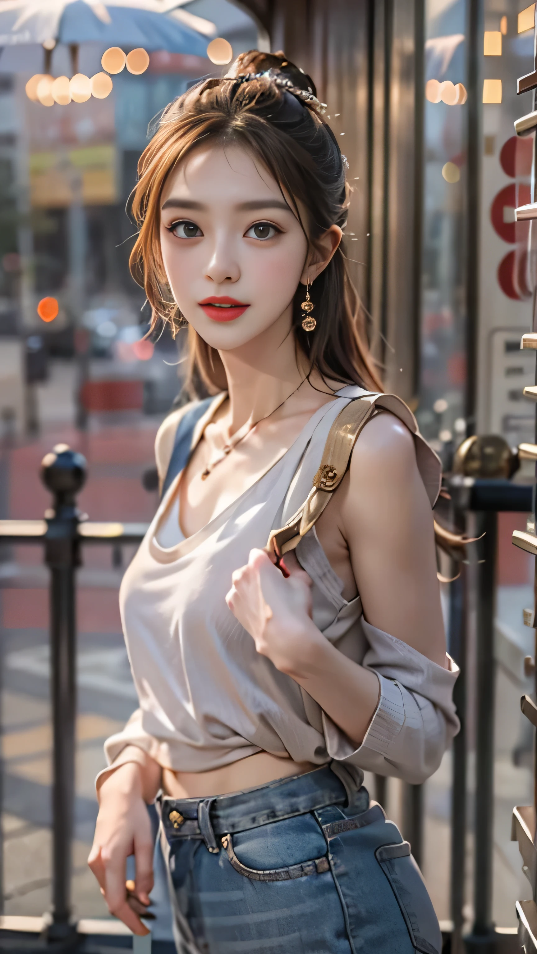 realistic, High resolution, soft light,1 female, alone, hip up, (detailed face), jewelry, streetwear, beauty model, Eyes that invite the viewer, Spouse&#39;perspective, attractive appearance, sexy smile, perfect style, perfect balance, fine skin, naughty look, I can see your breasts