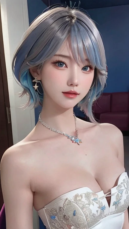 masterpiece, highest quality, figure, saxophone blue hair, platinum earrings, platinum necklace, white evening dress, High-neck clothes，not showing chest，1 girl, Lovely, (dynamic lighting:1.2), movie theater lighting, exquisite features, delicate blue eyes, wear half-rim glasses（concentrated），sharp pupils, realistic student, Depth of the bounds written, Bokeh, 锐利的concentrated, (Super detailed, bloom, shine:1.4)