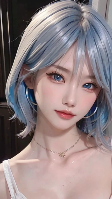 masterpiece, highest quality, figure, saxophone blue hair, platinum earrings, platinum necklace, white evening dress, High-neck clothes,not showing chest,1 girl, Lovely, (dynamic lighting:1.2), movie theater lighting, exquisite features, delicate blue eyes, wear half-rim glasses(concentrated),sharp pupils, realistic student, Depth of the bounds written, Bokeh, 锐利的concentrated, (Super detailed, bloom, shine:1.4)