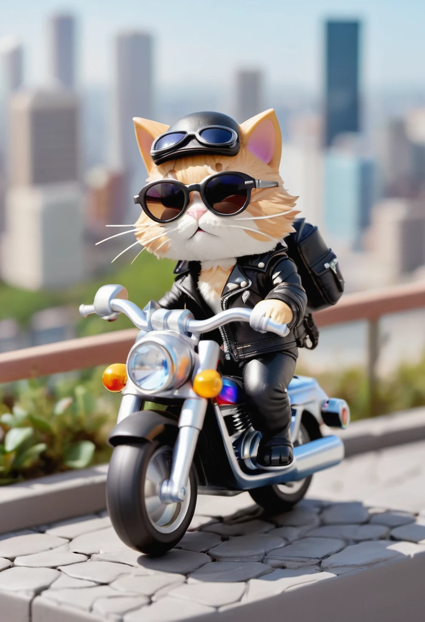 Miniature gacha of an anthropomorphic cat riding a heavy motorcycle wearing a leather jacket and sunglasses on a city background