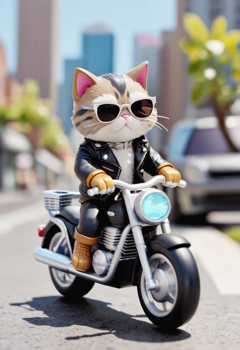 Miniature gacha of an anthropomorphic cat riding a heavy motorcycle wearing a leather jacket and sunglasses on a city background