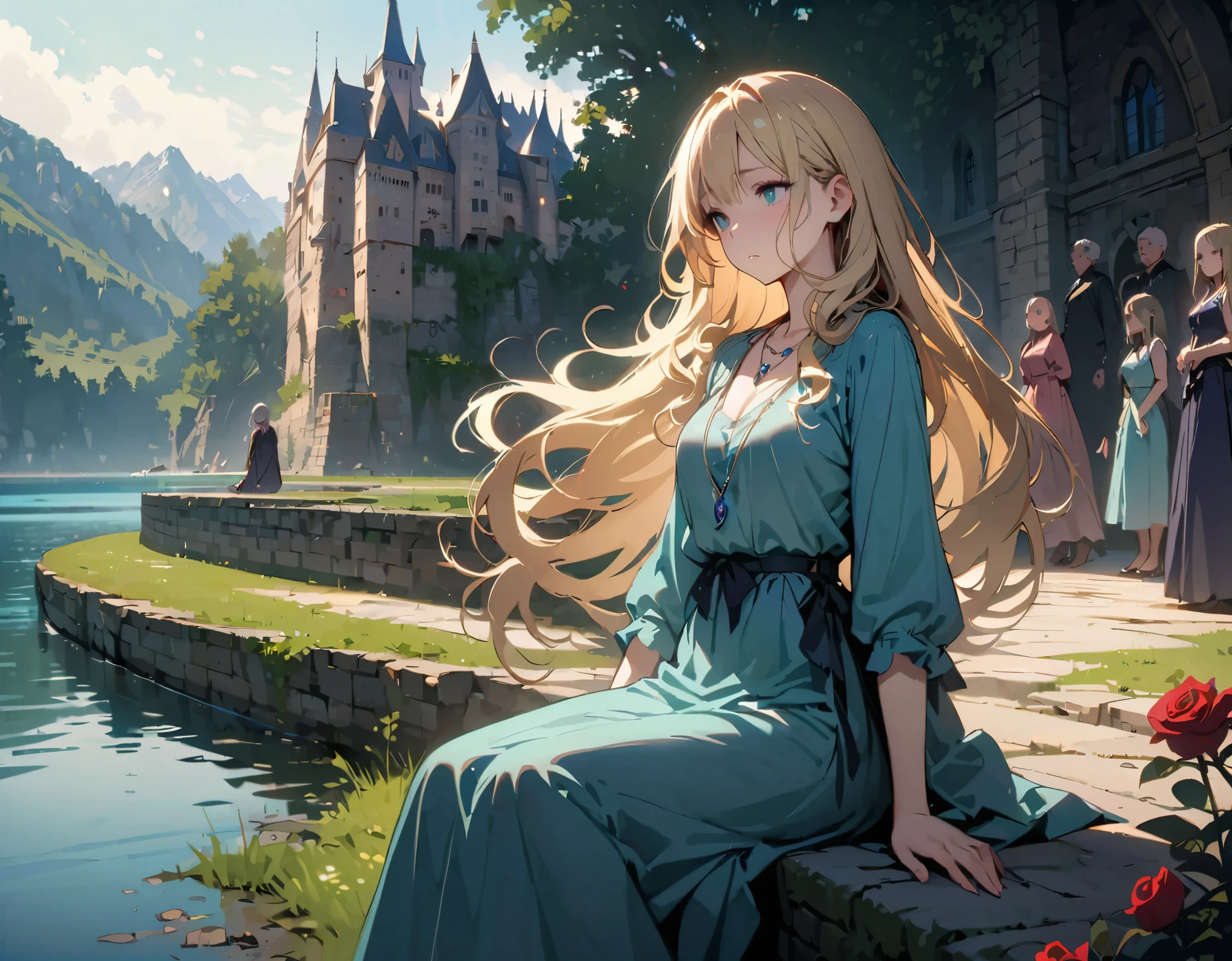 ((top quality,high quality,masterpiece,Masterpiece,8k)),a woman,Turquoise skirt,long skirt,curls,long hair,blonde,Wearing a blue gemstone necklace,The expression is sad,sitting,look at the audience,outdoor,lake,castle,Red rose,daytime,early morning,Sunlight,blue sky,whole body