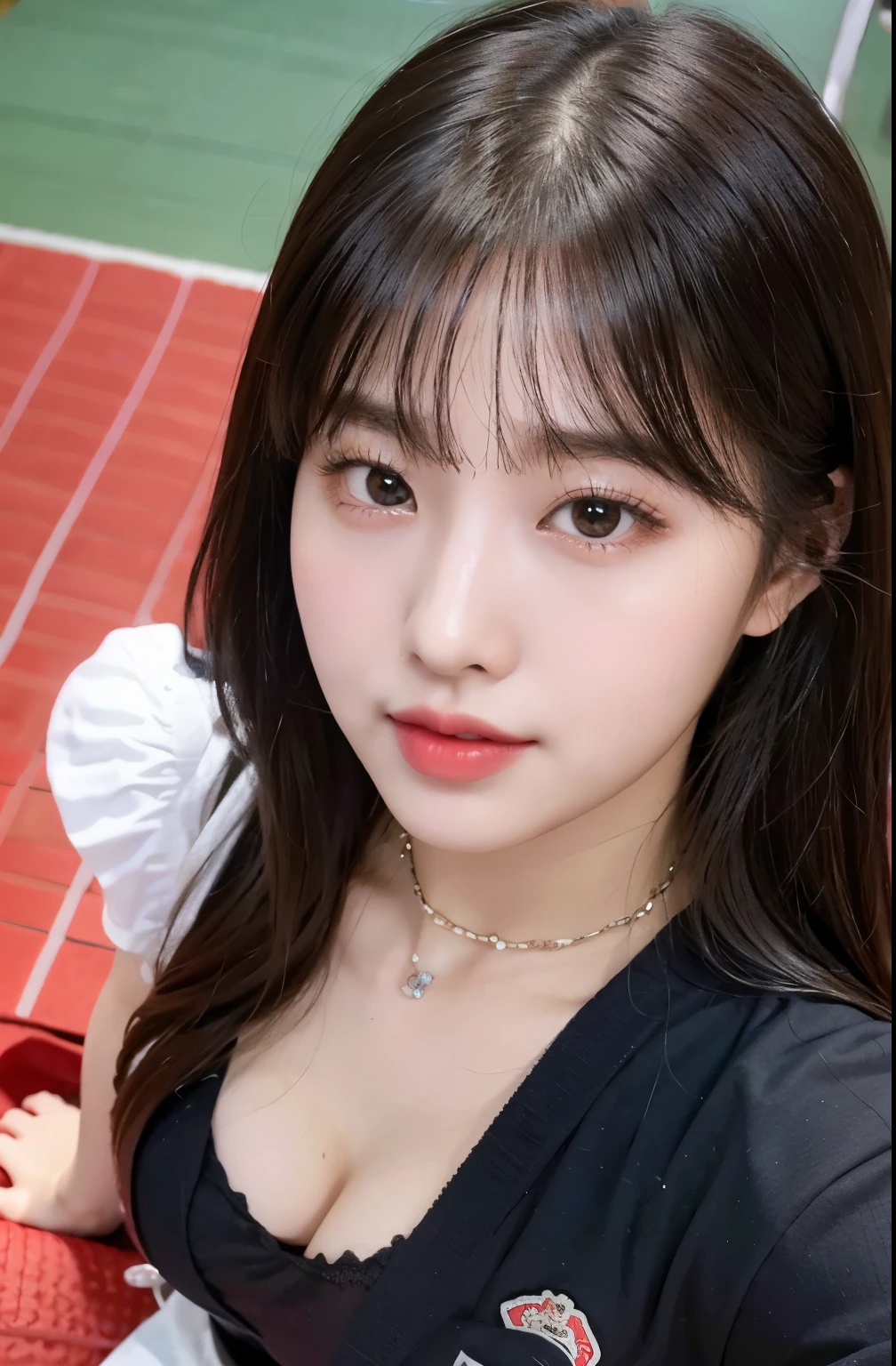 (8K), (highest quality: 1.2), (realistic), (realistic: 1.47), ultra high resolution, 1 girl, cute, smile, closed mouth, (thick lips:1.2),red lip,(Purse your mouth),beautiful details, beautiful nose,(straight black hair), giant dulcefo, pork,self snap,University Student Uniform,white shirt,(Sitting on a Japanese tatami mat),simple blazer, pleated skirt,From above,(close up on face:1.3),thighs,opaque tights