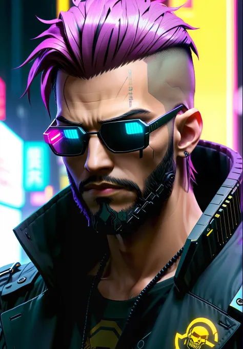 anime art a close-up of a man with a beard and glasses, velho cyberpunk, cara ciberpunk, arte de personagem cyberpunk, arte com ...