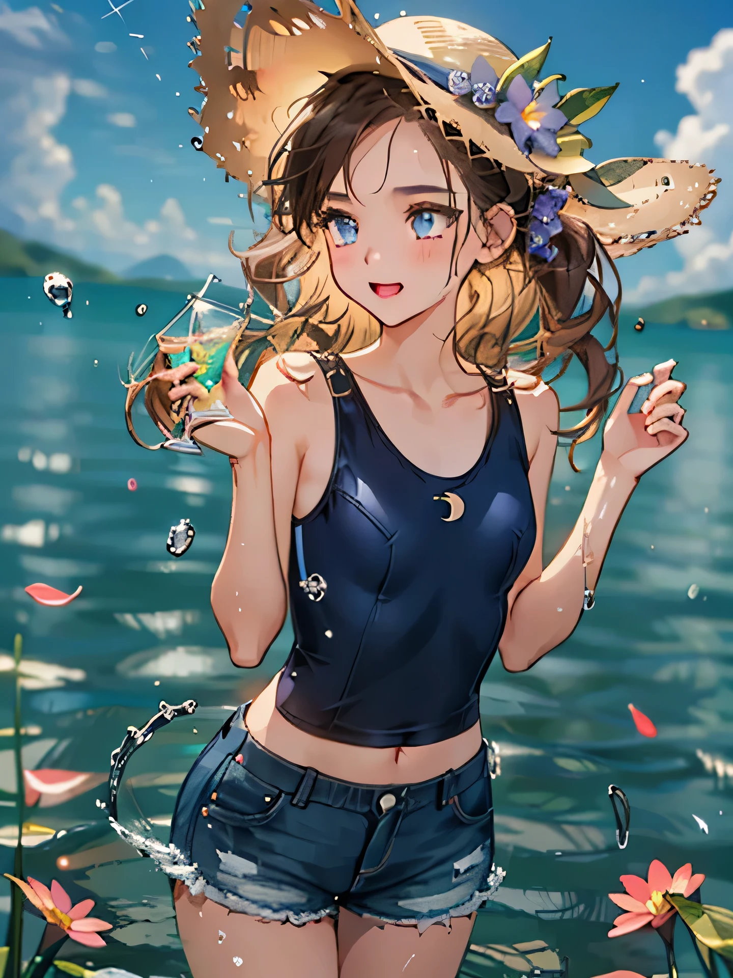 blue sky、1 girl、long focus、Configuration with depth、Drinking water in plastic bottles、 Cumulonimbus cloud、outdoor、solo、hat、(petals dance)、grassy、foliage、blue sky、petal、standing、tank top shirt、shorts、Crescent Moon、(form)、lots of flowerasterpiece、highest quality、beautiful face、Detailed description、