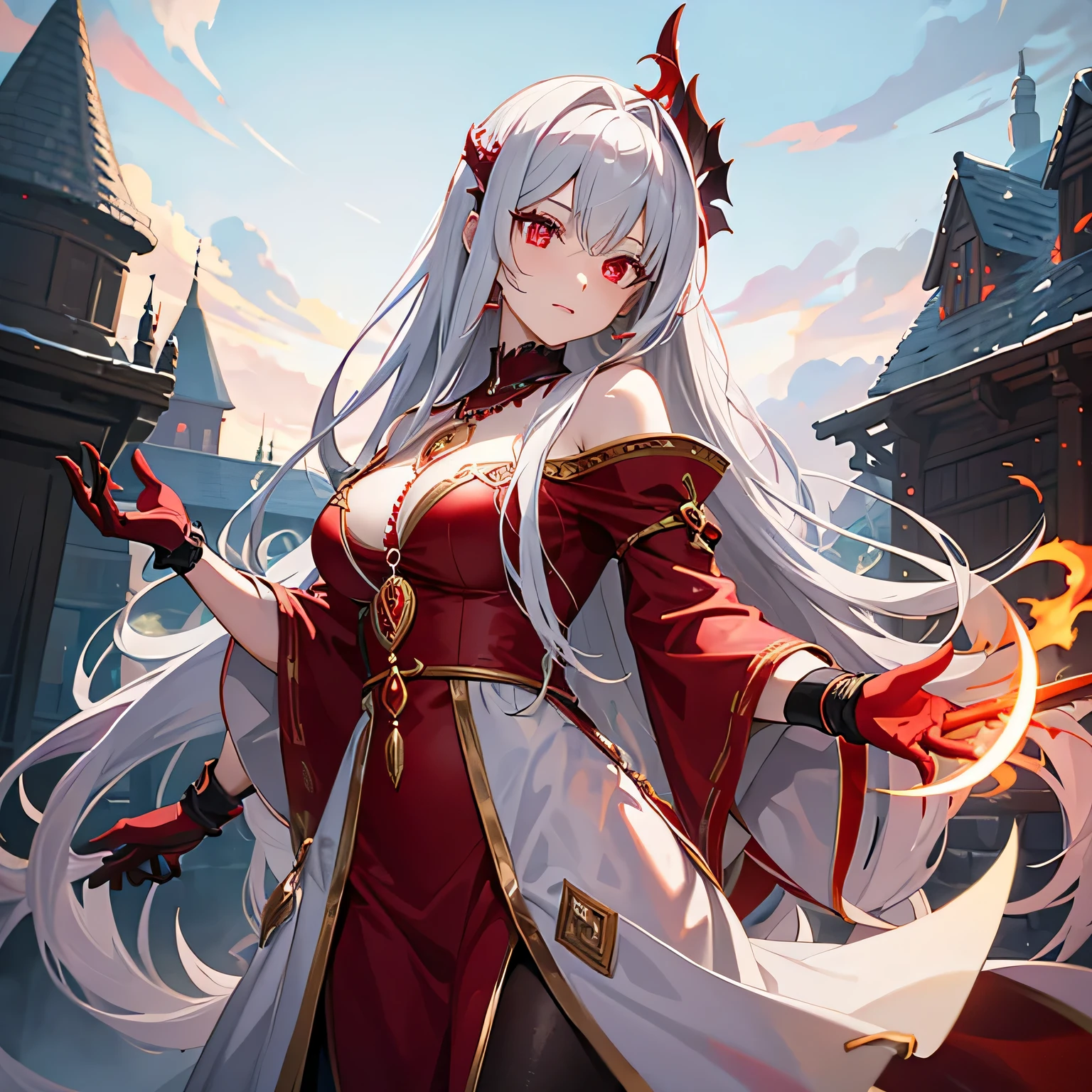 Close up of a tall female , with glowing red crimson eyes , long silver hair , wearing adventure robes , wearing necklace with crescent shaped pendant , tavern background 