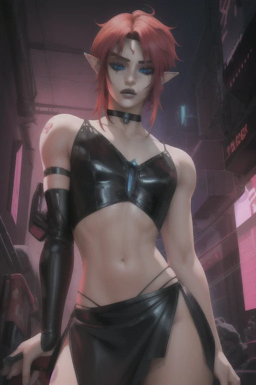 Link, boy, red hair,pointy ears,blue eyes, standing, ,  black eyeliner, lip gloss,  ahegao, solo, Femboy, male,   cowboy shot,  
LGear, tube top, midriff,  toned,  choker,  
cyberpunk tavern, cyberpunk, 
(insanely detailed, beautiful detailed face, masterpiece, best quality)    