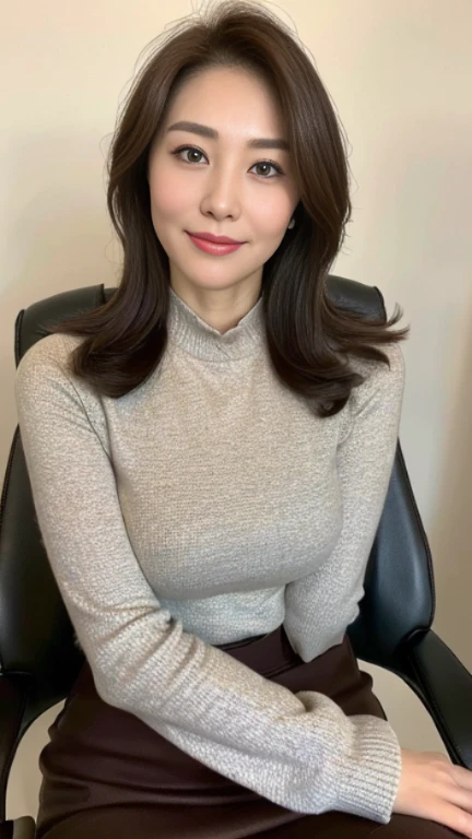 Highly detailed face and skin texture, detailed eyes, double eyelid,((mature adult woman))、((middle-aged women))、((55 years old))、 attraction,Tight Skirt,brown hair medium long,on the office chair,skirt that hugs the hips,Big breasts don't leak, High resolution facial features,gentle smile、extend both hands to the viewer、