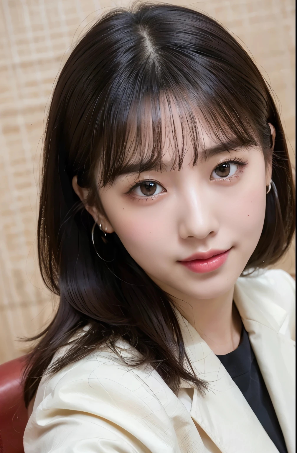 (8K), (highest quality: 1.2), (realistic), (realistic: 1.47), ultra high resolution, 1 girl, cute, smile, closed mouth, (thick lips:1.2),red lip,(Purse your mouth),beautiful details, beautiful nose,(straight black hair), giant dulcefo, pork,self snap,University Student Uniform,white shirt,(Sitting on a Japanese tatami mat),simple blazer, pleated skirt,From above,(close up on face:1.3),thighs,opaque tights