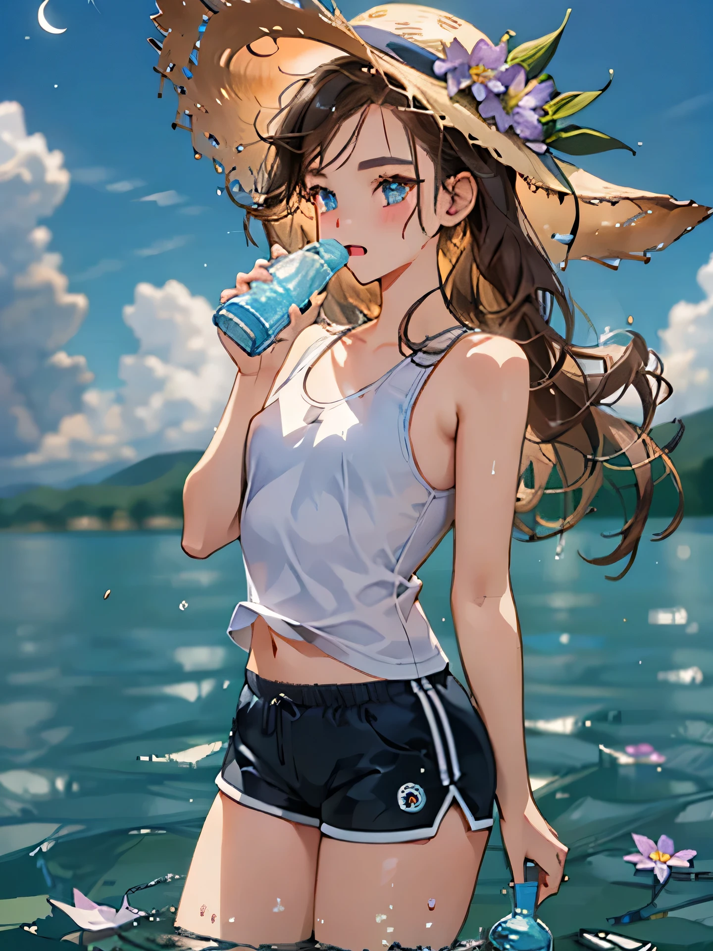 blue sky、1 girl、long focus、Configuration with depth、Drinking water in plastic bottles、 Cumulonimbus cloud、outdoor、solo、hat、(petals dance)、grassy、foliage、blue sky、petal、standing、tank top shirt、shorts、Crescent Moon、(form)、lots of flowerasterpiece、highest quality、beautiful face、Detailed description、