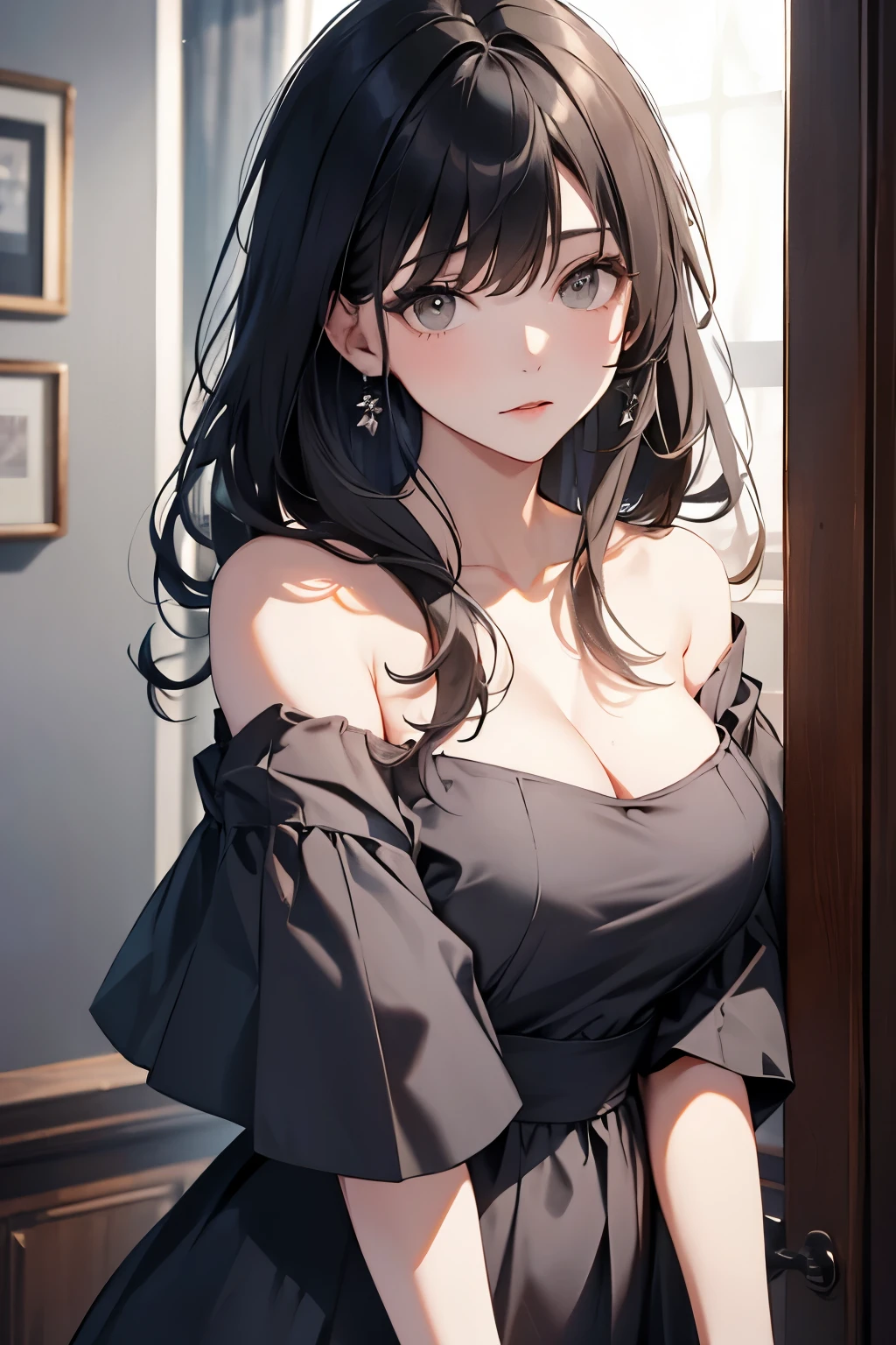 best quality, highres,Slender、brown eyes、tall、7 life size、black hair、(No bangs:1.3)、(long hair:1.3),(straight hair:1.3)、blue sky、(Grey off-the-shoulder dress:1.7)、standing position、summer、big breasts、shyness、cleavage
