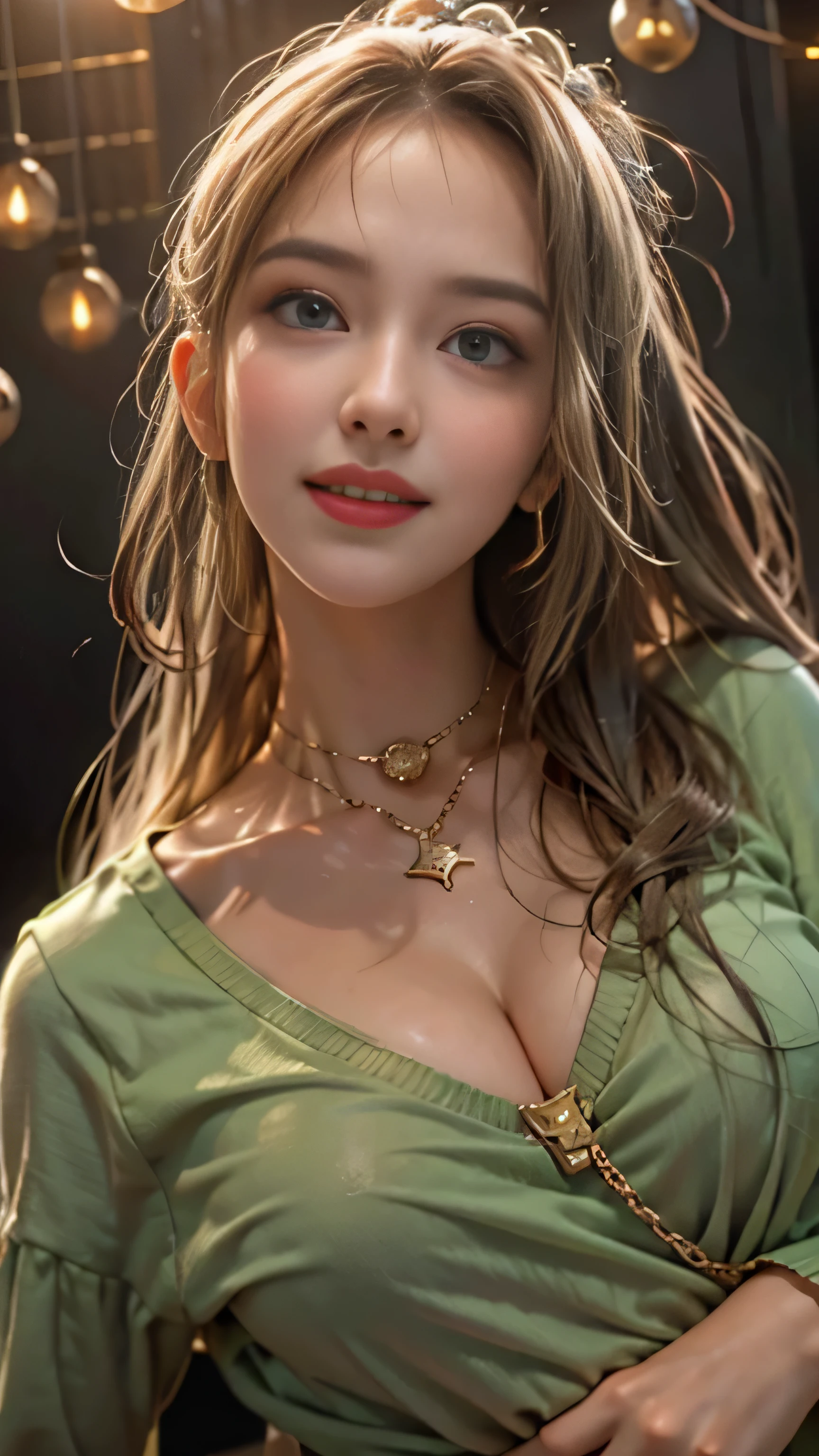 realistic, High resolution, soft light,1 female, alone, hip up, (detailed face), jewelry, streetwear, beauty model, Eyes that invite the viewer, Spouse'perspective, attractive appearance, sexy smile, perfect style, perfect balance, fine skin, naughty look, I can see your breasts