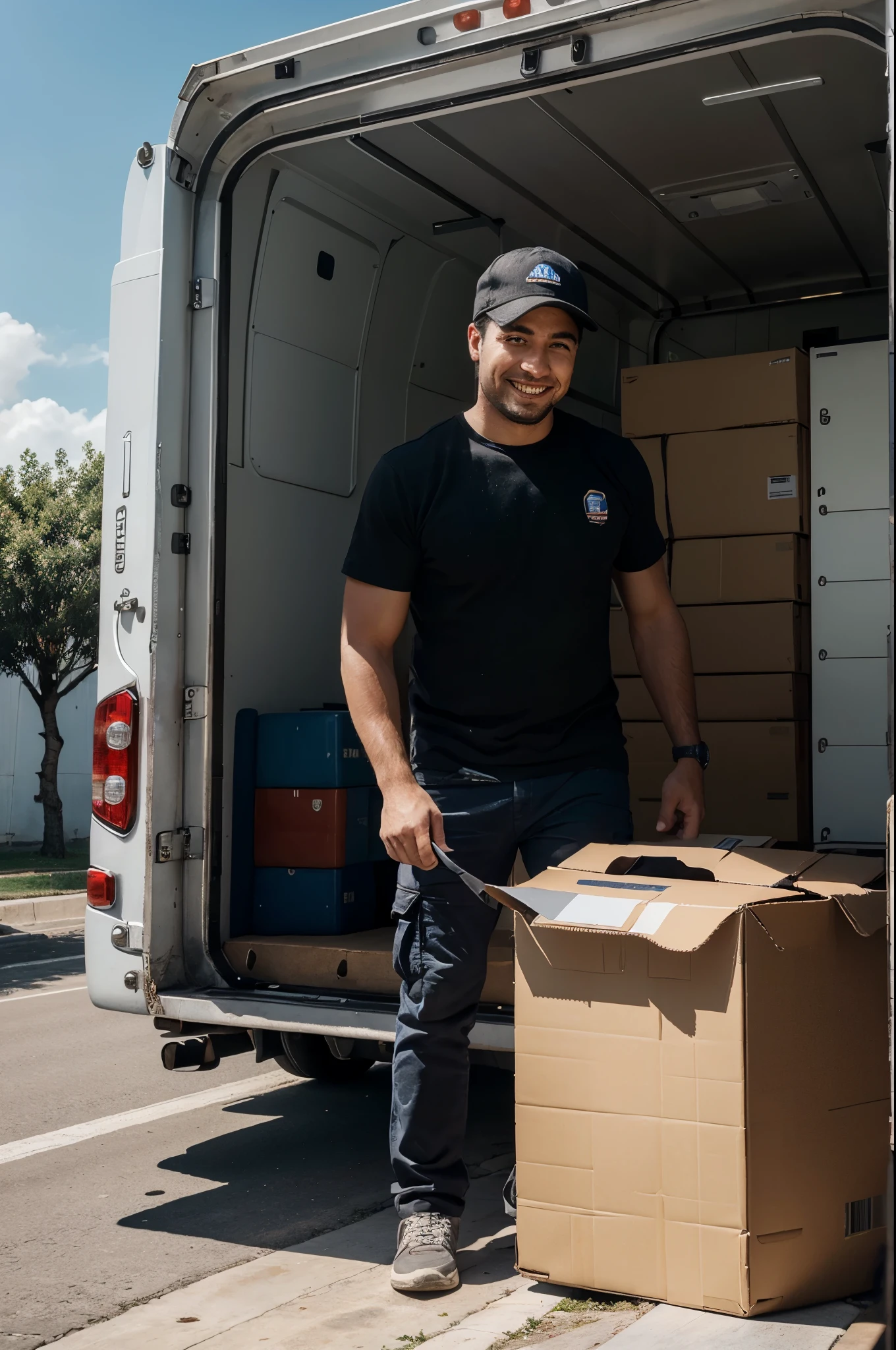 The image should show a small cargo van from our fleet, estacionado frente a una casa, con un trabajador cargando o descargando muebles con una sonrisa en el rostro. La camioneta debe lucir impecable y profesional, con nuestro logotipo claramente visible en el lateral. En el cielo de fondo, a bright sun suggests a clear day full of possibilities. El texto en la imagen debe ser claro y llamativo, highlighting the benefits of our service and encouraging the viewer to contact us for more information or to book our services. Some suggested phrases could be: "Reliable cargo transportation in Valparaíso", "Your trusted partner in logistics", "Precios competitivos, servicio excepcional" o "We carry your shipments safely and punctually". La imagen debe transmitir profesionalismo, confianza y eficiencia, inspiring the customer to take action and choose our company for their freight transportation needs.