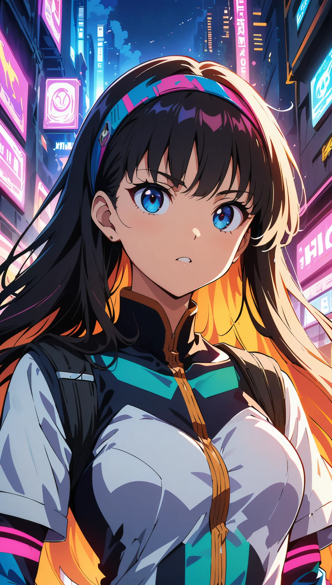 (anime artwork, anime style, studio anime, very detailed, up to date, vibrant, Anime Coloring, high contrast, masterpiece:1.2, best quality, best aesthetics), Anime girl wearing a dress and headband standing in front of a building, ((Digital Cyberpunk - Anime Art)),cyber high school girl, cyberpunk anime art, Portrait:Anime Space Cadet, long flowing hair, Determined Eyes, vapor, explosive flame, powerful stroke, Heroic portrait, adrenaline rush, Detailed weapons, strength, impact, energy, Violent, epic battle scene,