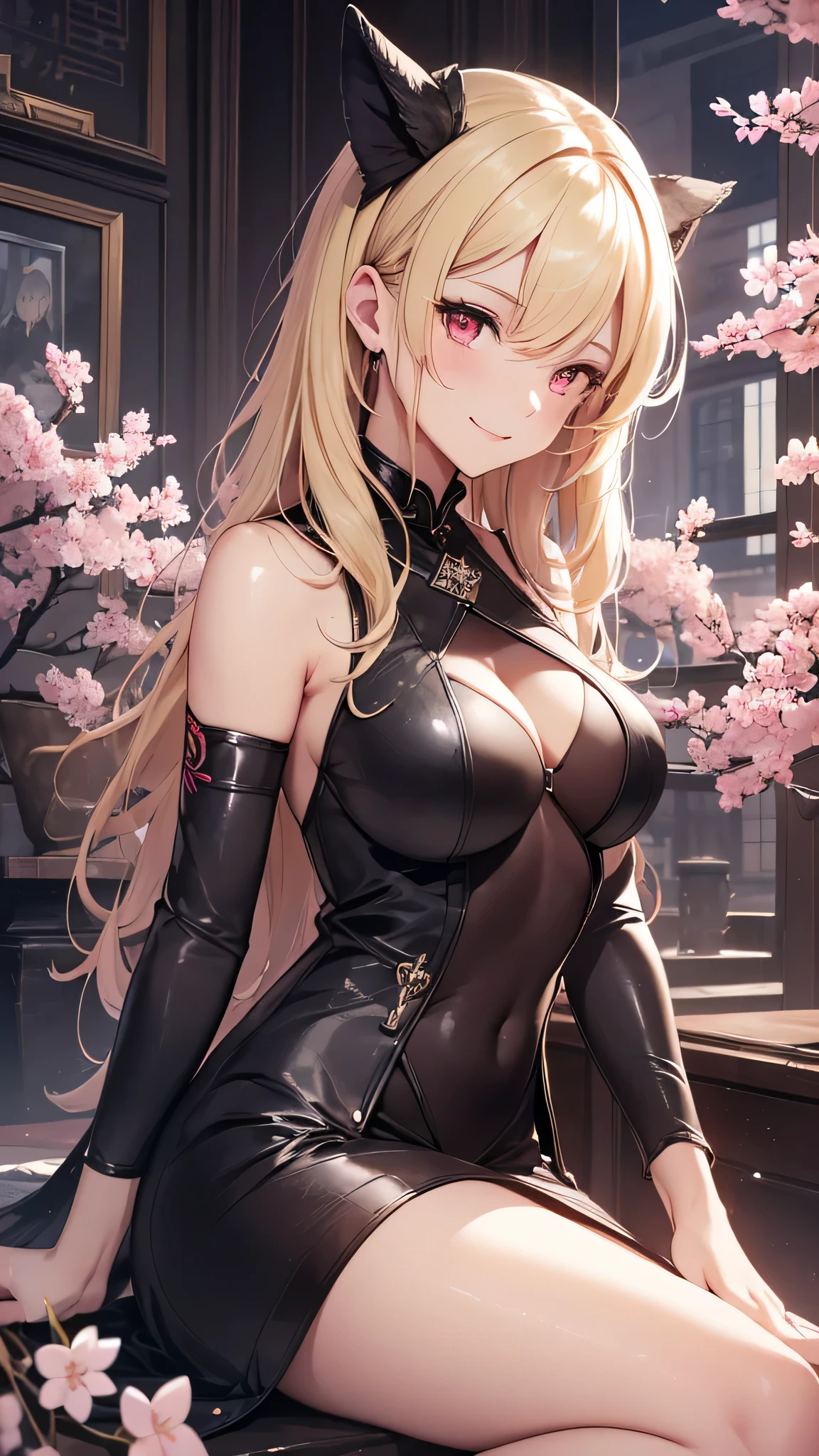 最high quality、best image quality、masterpiece、girl((18-year-old、 By becoming、vest bust、medium bust,wide open breast tea、red glowing eyes, blonde、messy hair、long hair、thin,highest valley、Show the whole body、black cheongsam、open chest、black wristband、red high heels、sexy、smile、Leaning forward)),high quality、beautiful art、background((cyber world、cherry blossoms))、Flight、debris flies、Depth of written boundary、movie、visual art、perfect art、8K,genuine、