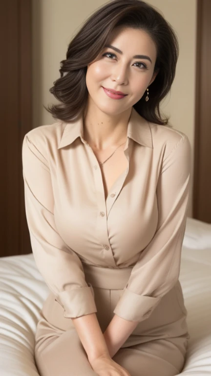 Mature attractive sexy woman,50 years old, (white shirt and black short pencil skirt ),Big Breasts,(Facial wrinkles:1.3),light makeup,Light brown hair,Long Hair,(Sitting on the bed,both hands on the bed:1.2),(From head to thighs),8k, RAW Photos, highest quality, Laughter,masterpiece,highest quality