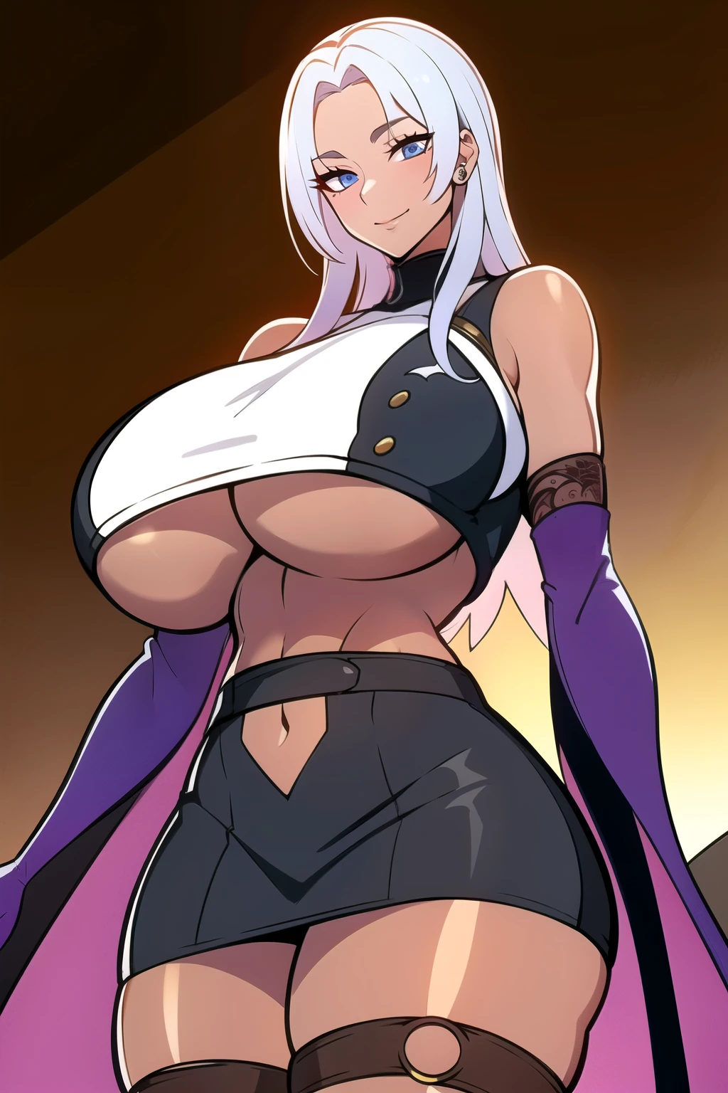 ultra realistic 8k cg, masterpiece, ((ultra detailed background,  intricate detail, highly detailed, fine details best quality, hyperdetailed face)), gigantic breasts ,beautiful lighting, absurdres, BoaHancockV2,  1girl, solo, white hair, long hair, jewelry, closed mouth, ), ((black crop top : 1.1), (underboob : 1.4), elbow gloves, thigh boots, split skirt, bare shoulders, curvy, midriff, curvy, thighs, shiny clothes), blue eyes, complex detailed background, inside, luxury palace), ((cowboy shot)), curvy, (gigantic breasts: 1.1), seductive smile, cowboy shot, , (tan skin :1.1) (tan face:1.1)