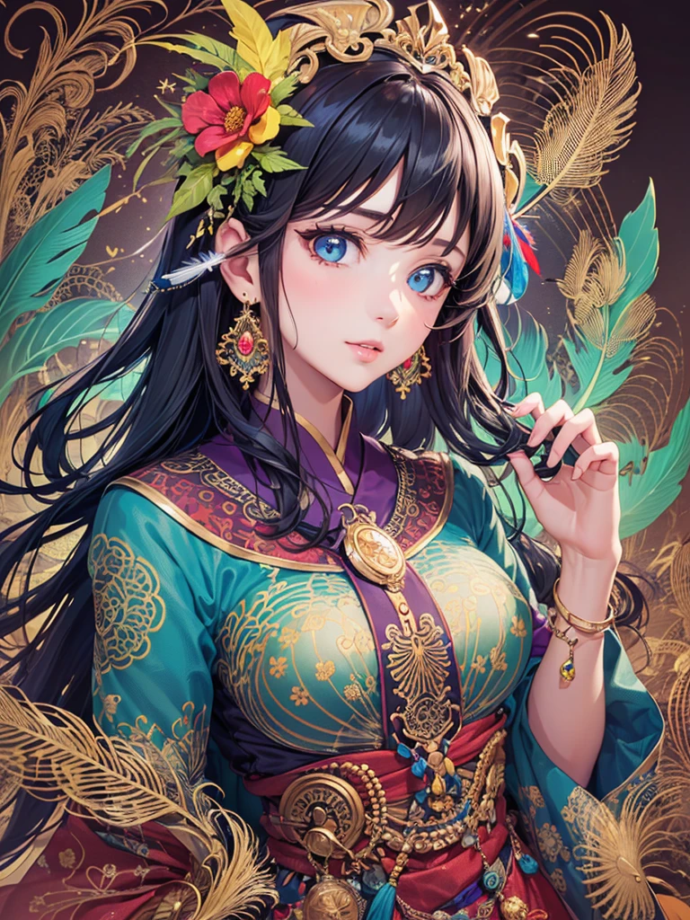 (masterpiece, Top quality, best quality, official art, Beautiful and beautiful: 1.2), (1 girl: 1.3), blue and gold, Very detailed, (fractal art: 1.1), (rich and colorful: 1.1) (flower: 1.3), Extreme details, (Zentangle: 1.4), Long dress sleeves, (abstract background: 1.3), (shiny skin), (Many colors: 1.4), (earrings), (feather: 1.5), (Wind:1.3), emerald, long hair, wrapped in light, Super detailed background, Phoenix礼服, Phoenix, 藍色的flower, Vivid eyes