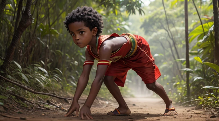 A boy in Indian clothes, cor de Pele preta, ****** negro, indigenous boy, se escondendo no meio da floresta, ele esta correndo na mata, roupa africano, ****** africano