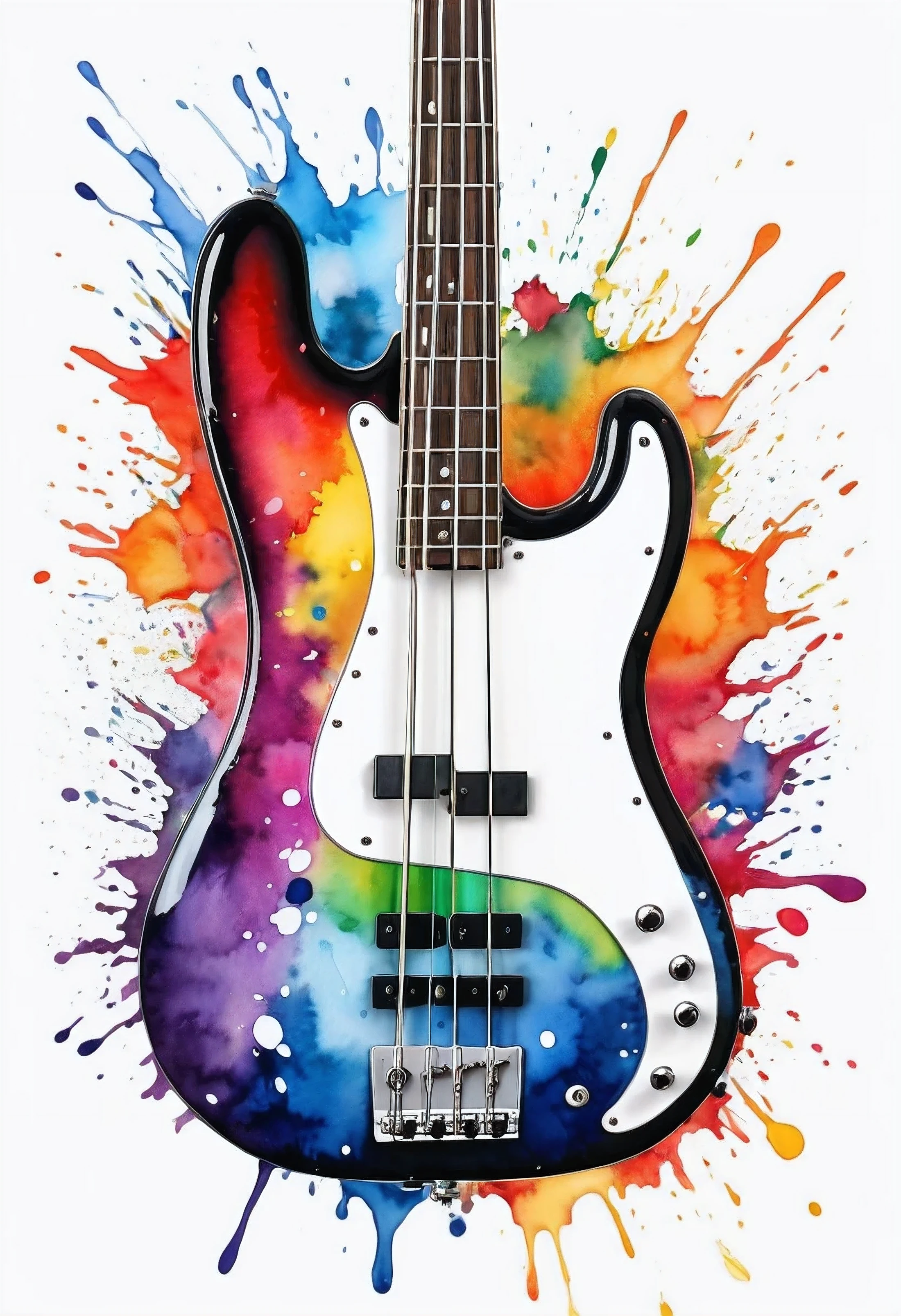 Draw the BASS  small in the center,,The entire electric bass is visibl,Ensure sufficient margin,electric bass,21 frets, 4 strings, and 4 tuning pegs,The neck, frets, and strings are represented as straight, without warping,bright hues,beautiful oval shape,watercolor painting style, There is white space,splash of color, the best ever, colour splash, watercolor detailed art, water color splash, colourful artwork, colorful scene, colourful explosion, colorful splatters, digital artwork, vibrant watercolor painting, color explosion, artistic illustration
