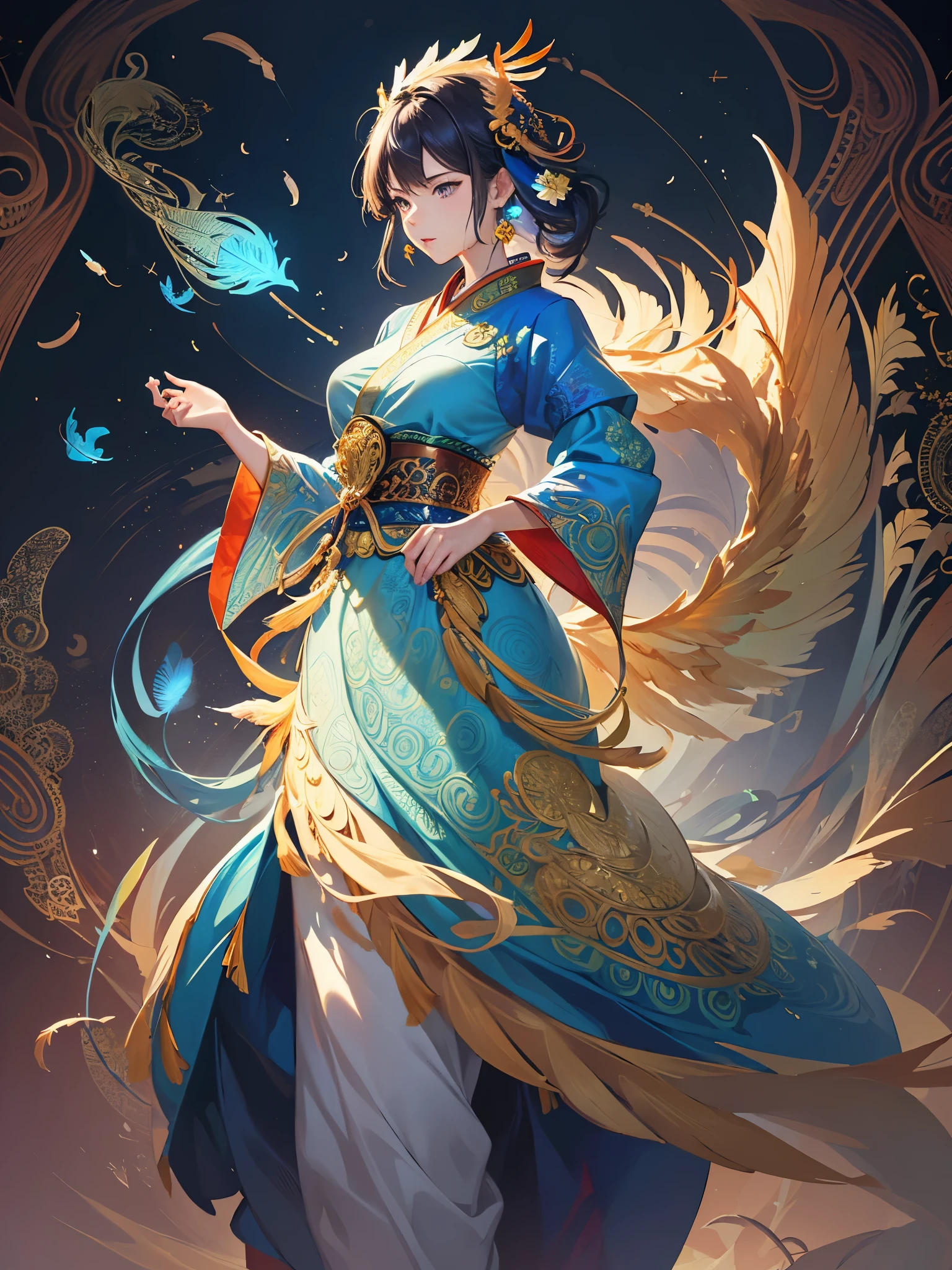 (masterpiece, Top quality, best quality, official art, Beautiful and beautiful: 1.2), (1 girl: 1.3), blue and gold, Very detailed, (fractal art: 1.1), (rich and colorful: 1.1) (flower: 1.3), Extreme details, (Zentangle: 1.4), Long dress sleeves, (abstract background: 1.3), (shiny skin), (Many colors: 1.4), (earrings), (feather: 1.5), (Wind:1.3), emerald, long hair, wrapped in light, Super detailed background, Phoenix礼服, Phoenix, 藍色的flower, Vivid eyes