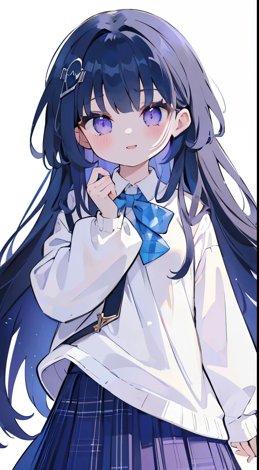 masterpiece、best quality、ultra-detailed、1girl、solo、long hair、dark blue hair、violet eyes、bangs、white shirt、long sleeves、plaid skirt、((white background))、((center position))、wide lens 2x、smiling face, ((detailing hair and bangs)), 