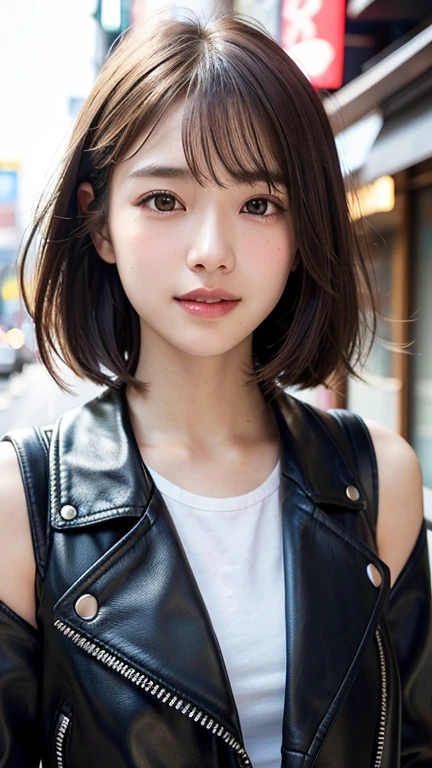 (((Shoulder length straight brown hair mini bob)))、(((目が細くlight eye makeup)))、(((standing alone on the rider'Black leather jacket with the backdrop of a nighttime Kabukicho alley.)))、(((Please come wearing clothes that cover your arms..)))、Half Japanese and Korean、18 year old girl、independent、facing forward、light eye makeup、brown hair color、flat 、hair blowing in the wind、quality of actress、shiny, super realistic face、smileの表情、Moist eyes、look up、Calming lighting effects、 ultra-realistic capture、very detailed、High resolution 16K close-up of human skin。Skin texture must be natural、Must be so detailed that pores are visible、skin is healthy、Must be even tone、Use natural light and color、High quality photos taken by a modeling agency'Exclusive photographer、smile