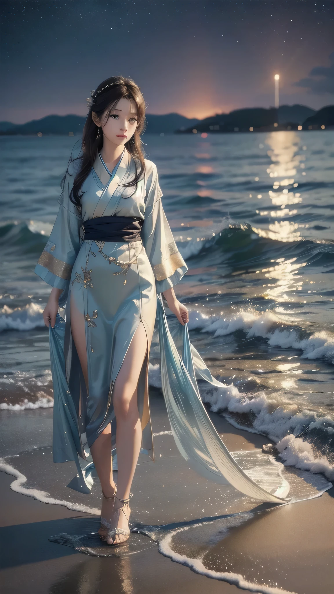(Close-up:1.4)、(RAW photo:1.2)、(photorealistic:1.4)、(masterpiece:1.3)、(highest quality:1.4)、young japanese woman、(night scenery:1.2)、thin clothes、Very beautiful lovely most beautiful girl、Put one foot in the sea、standing on tiptoe、pretty girl、Landscape、Between the horizon and the sea、view from the side、Ripples spreading from the toes、Standing about 20 meters away、on the sea、The whole scene shineeteors、illumination、