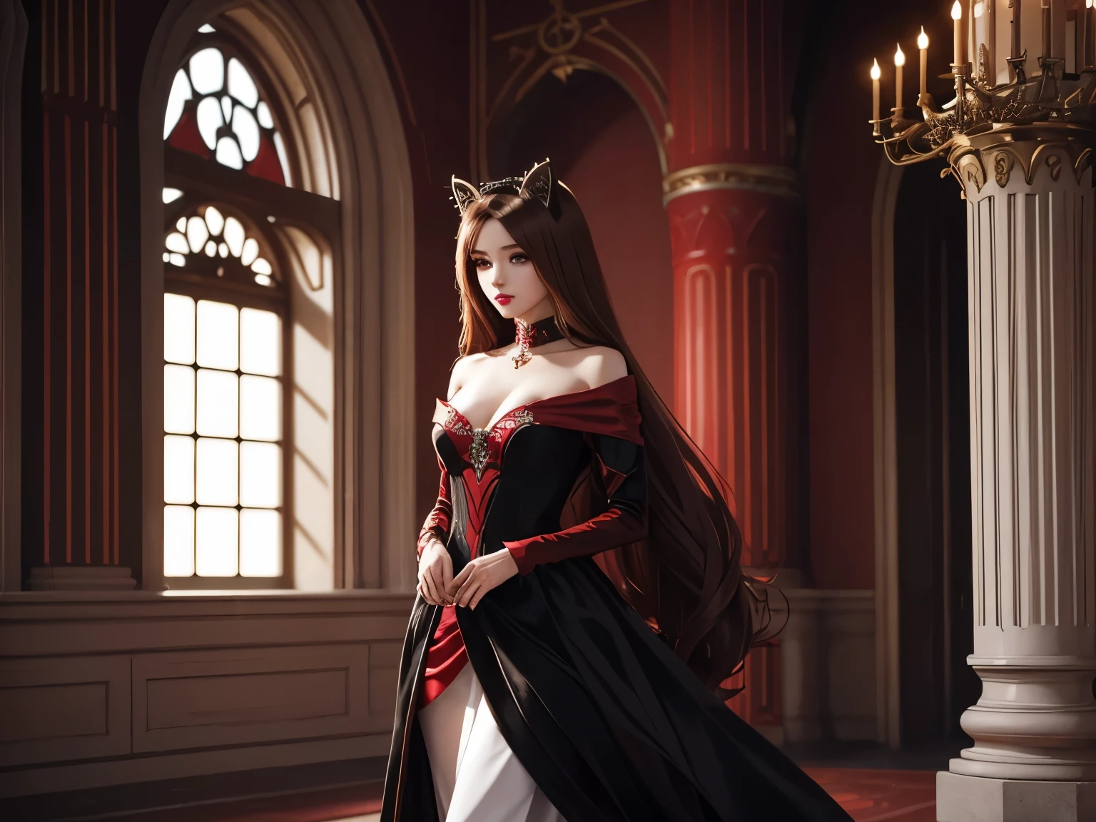 beautiful girl with beautiful light brown eyes and long red colour drill like hair, dark eyeshades and red lipstick, dressed in long black and red dress meet white feline queen dressed in royal dress when walkin in beautiful fantasy flower valley under silver moon, elegant glamourous dress, seductive anime girl, small size brest girl, ig character, digital art, anime style, beautiful face, cute anime gil, girl meet feline queen, 4k