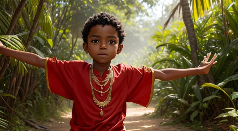 A boy in Indian clothes, roupas cor vermelha, cor de Pele preta, ****** negro, indigenous boy, se escondendo no meio da floresta, ele esta correndo na mata, roupa africano vermelha, ****** africano