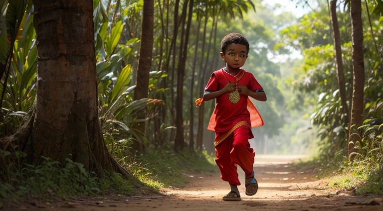 A boy in Indian clothes, roupas cor vermelha, cor de Pele preta, ****** negro, indigenous boy, se escondendo no meio da floresta, ele esta correndo na mata, roupa africano vermelha, ****** africano