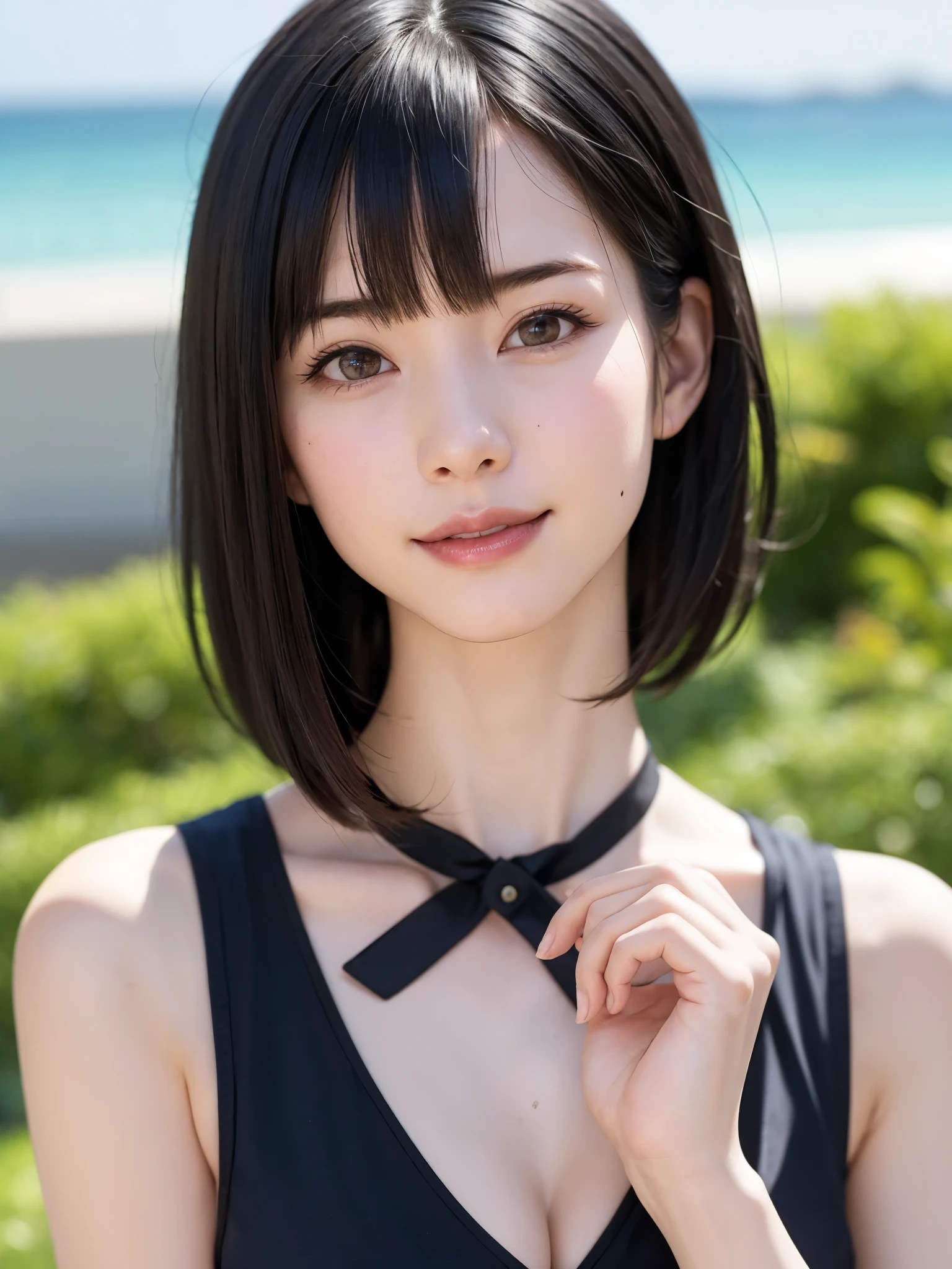 1 girl、highest quality、realistic、alone、Depth of written boundary、natural soft light、daytime、charm、beautiful face、cleanliness、pure face、white skin、cute、short hair、bangs、beach、Light of the sun、Nedium Breast Body Esbian、((セーター黄金比のbeautiful face 対称性のあるbeautiful face))、long neck、show me your ears、bangsのあるきれいな短いボブヘア、smile with your mouth closed、perfect hands指、perfect hands、perfect body、perfect face、Shine a light into your eyes、perfect anatomy:1.4、とてもcuteスーパーモデル:1.4、{Huge|big|Hugeな|mega} chest, cleavage、Smile:1.6、Very beautiful teeth:1.6