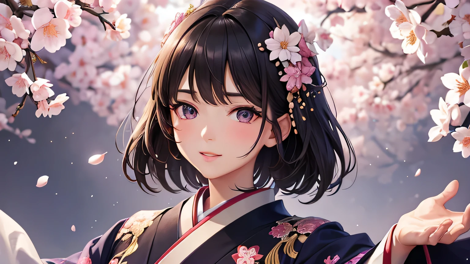 beautiful detailed face, ultra detailed eyes, night, milky way, under the full bloomed cherry blossomes, solo, open arms, dark hair, dark eyes, light colored kimono