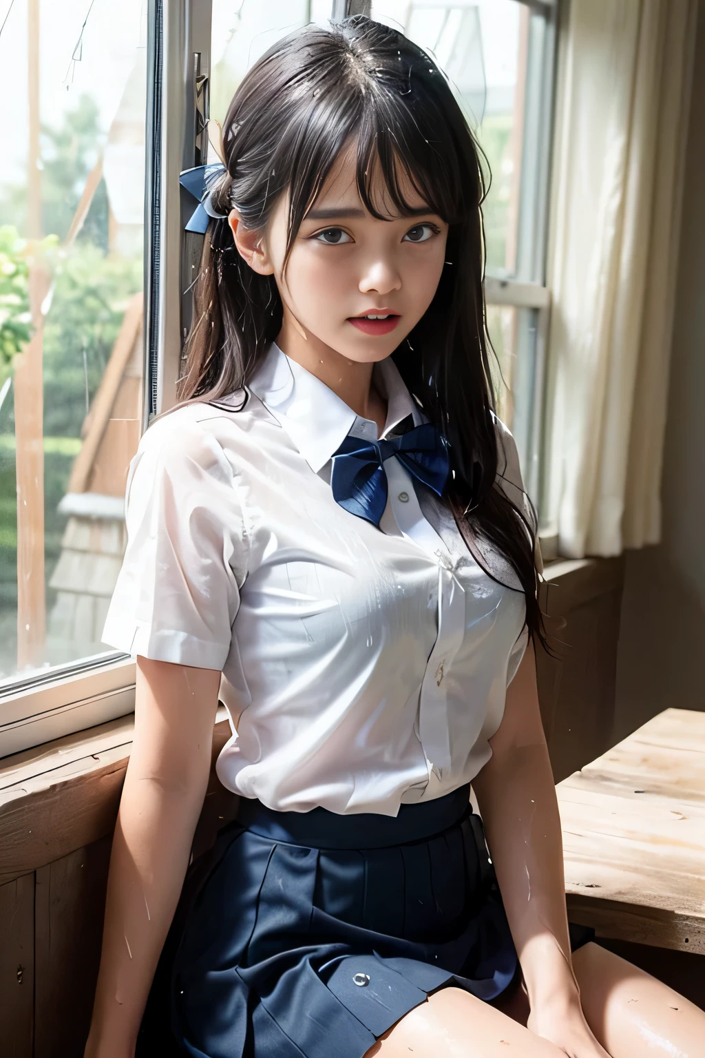 Very detailed CG Unity 8K 壁紙、Highest quality、Very detailed、masterpiece、Realistic、Photorealistic、Very detailedかわいい女の子、18-year-old、(High school students in Japanese uniforms)、((Photographed from the front:1.4))、((Navy blue high school girl bow tie:1.4))、((sitting in a wooden box:1.4))、blush、Split Lip、Looking at the audience、Semi Body Shot、(A room in a love hotel)、(Japan High School Designated Shoes)、(Navy blue short pleated skirt,:1.5)、(Short-sleeved white shirt for students)、 (Dark blue bow tie:1.2)、(Light brown long hair)、(Beautiful Face:1.3)、(Perfect proportions:1.2)、(Long legs:1.2)、(Small breasts:1.3)、((Drinking coffee:1.4))、((Drinking coffeeいる:1.4))、((Blouse wet in the rain、The brush is transparent))、(Bra is sheer)、(((Wet Hair、Wet Skin)))、((Upper Body))、reality:1.7、((Rain outside the window:1.4))、