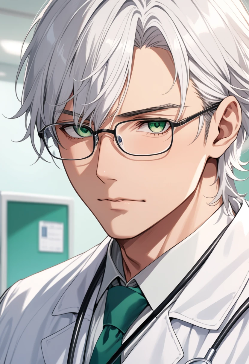 (masterpiece, best quality:1.2), (1boy), solo, 8k, white hair, ((long hair)), glasses, handsome male, very detailed, tall, doctor, anime style, at a hospital, white coat, ((blushing)), beautiful green eyes, dynamic perspective, sharp focus, extremely detailed eyes and face, bangs, from underneath, no focus