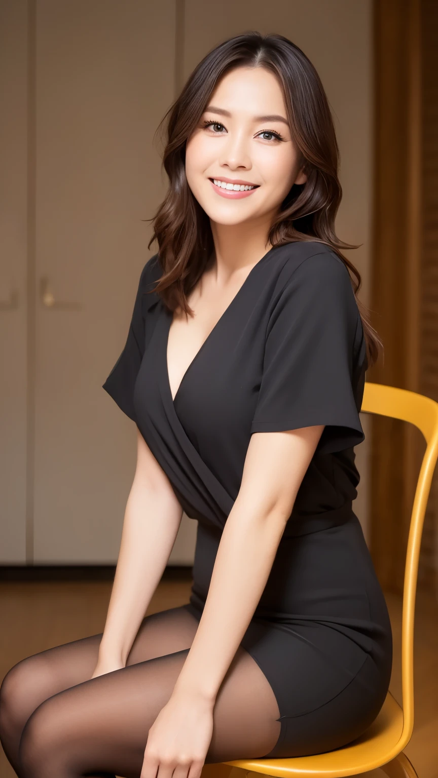 beautiful mature woman、38 years、well-proportioned body shape、hourglass illustration、Wearing a long maxi dress, (Wearing super realistic pantyhose、)、game_nffsw, japanese model、woman, sense of cleanliness, sitting in a chair、cute smile、Raw photo, (In 8K、highest quality、masterpiece:1.2)、(intricate details:1.4)、(Photoreal:1.4)、octane rendering、Super detailedな複雑な 3D レンダリング, soft light in the studio, rim light, vivid details, Super detailed, realistic skin texture, surface details, Beautiful eyes in every detail, (detailed background:1.2), shiny skin、