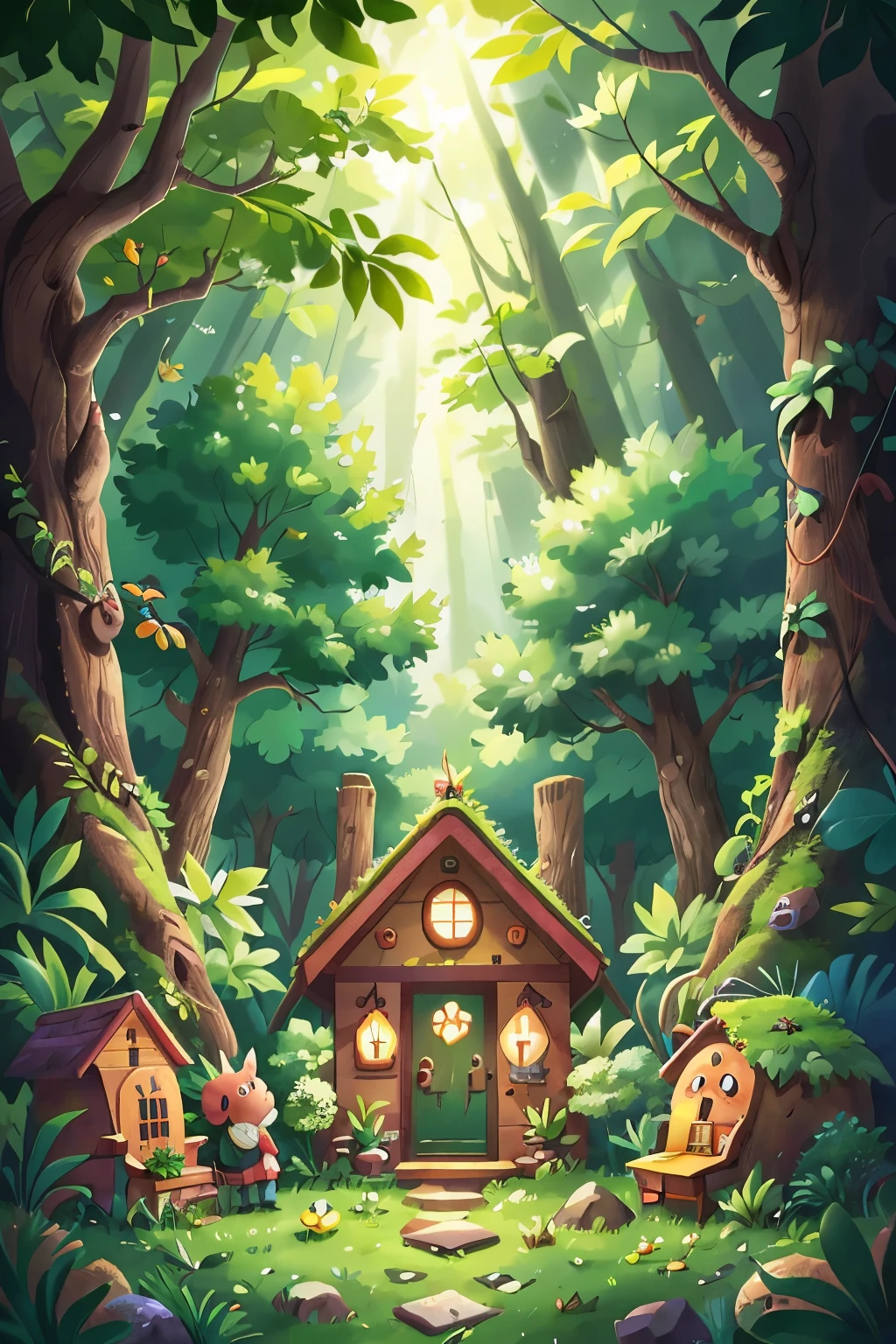 In the heart of a lush green forest, a children's book comes to life. The trees tower above, their leaves a vibrant emerald hue, creating a canopy that filters the sunlight in soft, warm beams. Flowers of every color bloom at the forest floor, their sweet fragrance filling the air.
A small clearing lies in the center, where a cozy little cabin nestles among the trees. The door is slightly ajar, inviting a peek inside. Through the window, one can see pages of a storybook, fluttering gently in the breeze. Close by, children's laughter echoes through the forest, adding to the magical atmosphere.
A wide