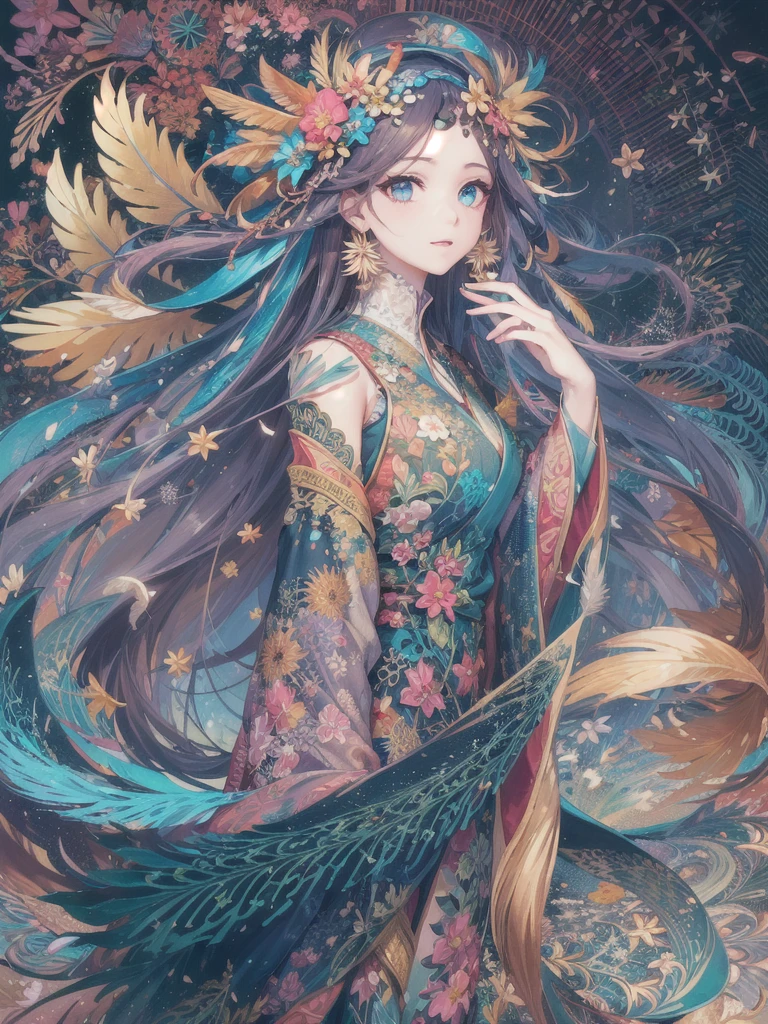(masterpiece, Top quality, best quality, official art, Beautiful and beautiful: 1.2), (1 girl: 1.3), blue and gold, Very detailed, (fractal art: 1.1), (rich and colorful: 1.1) (flower: 1.3), Extreme details, (Zentangle: 1.4), Long dress sleeves, (abstract background: 1.3), (shiny skin), (Many colors: 1.4), (earrings), (feather: 1.5), (Wind:1.3), emerald, long hair, wrapped in light, Super detailed background, Phoenix礼服, Phoenix, 藍色的flower, Vivid eyes